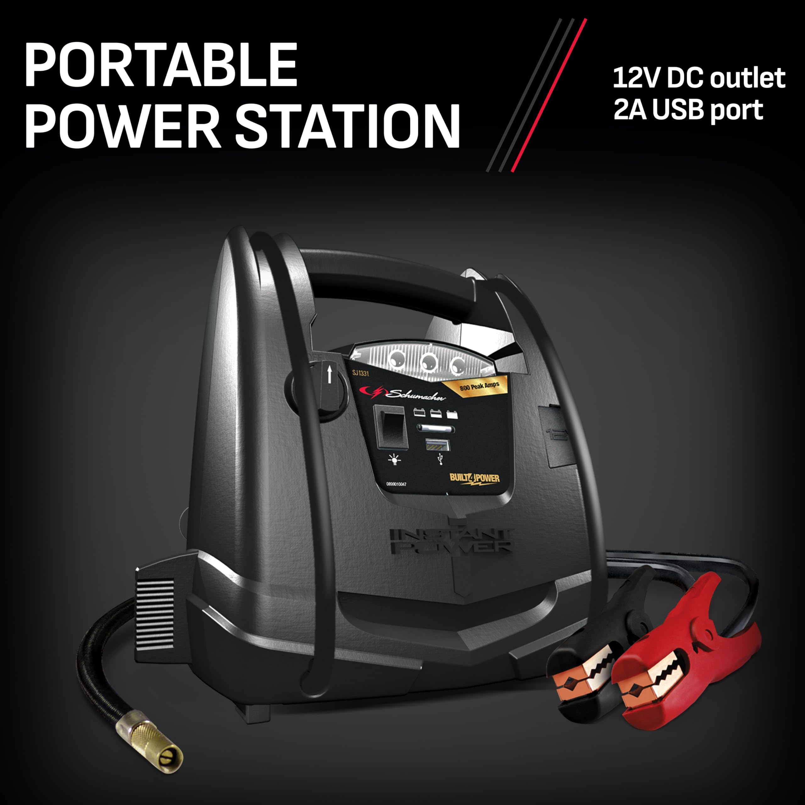 Schumacher SJ1331 Rechargeable AGM Jump Starter - 800 Amps, Air Compressor, 12V DC/USB Power Station for Gas/Diesel Vehicles