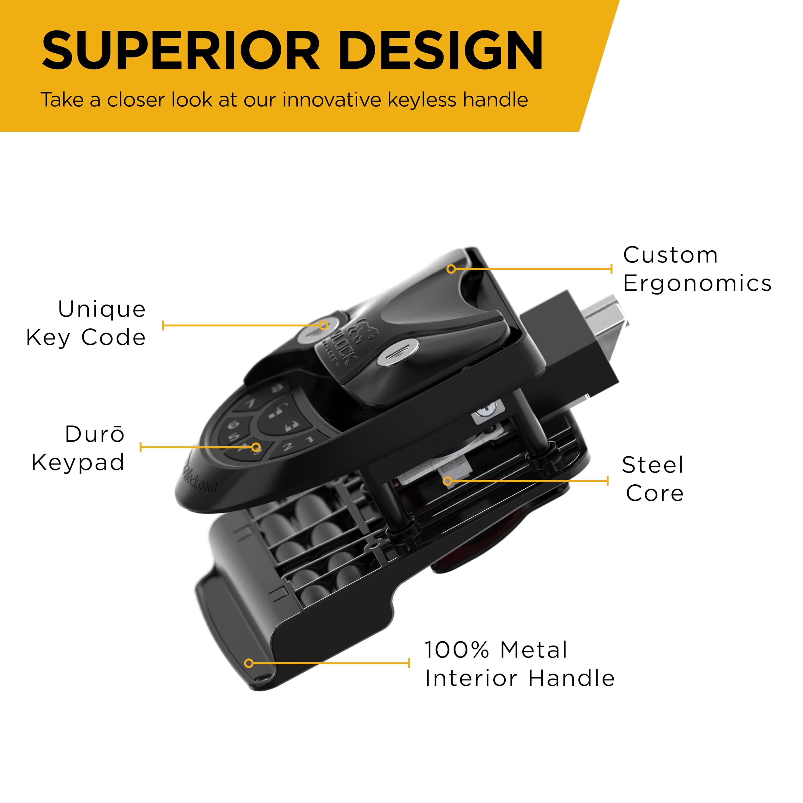 RVLock V4 Left Hand Keyless Handle - Integrated Keypad & Fob, Standard Size, Black, Alloy Steel