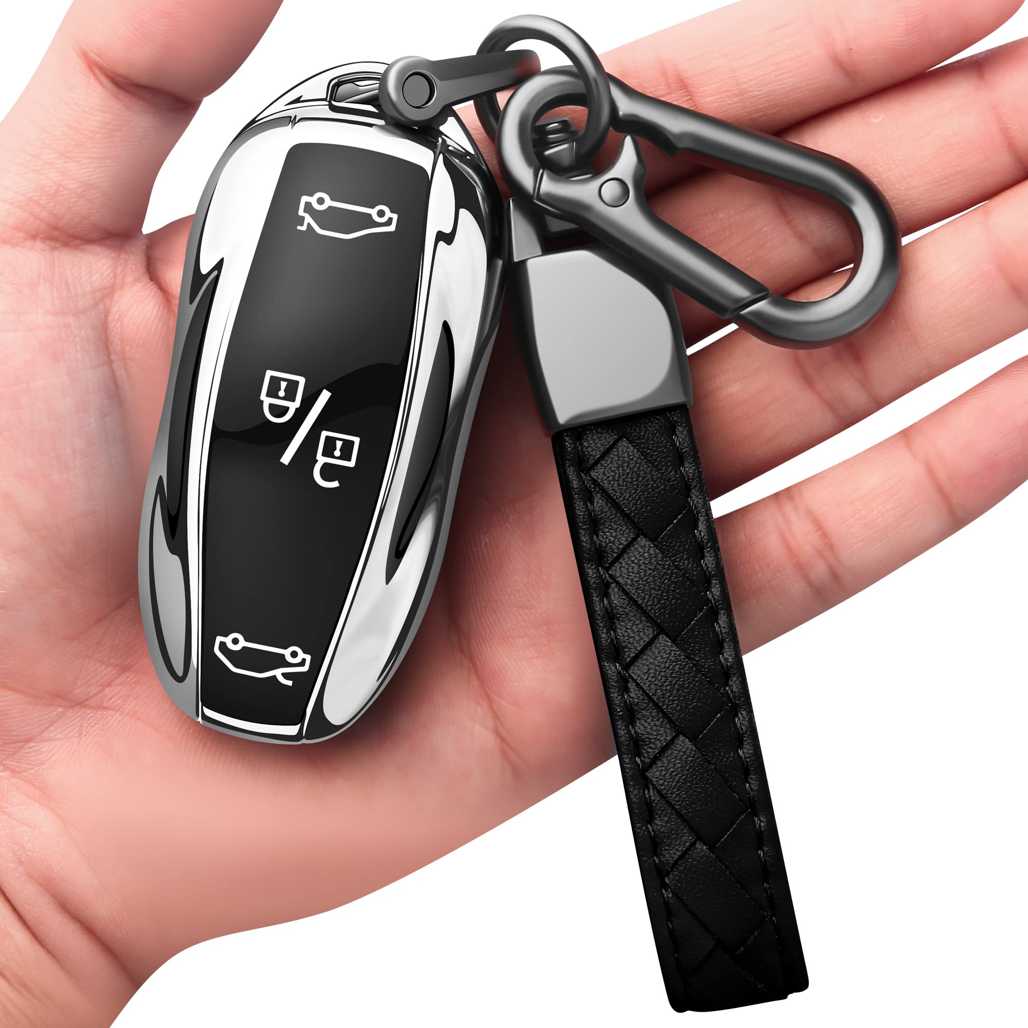 Sindeda Premium Key Cases for Tesla Model S 3 Y Ultra-Thin and Ultra-Light Key Fob Cover Waterproof Keychain (Silver)