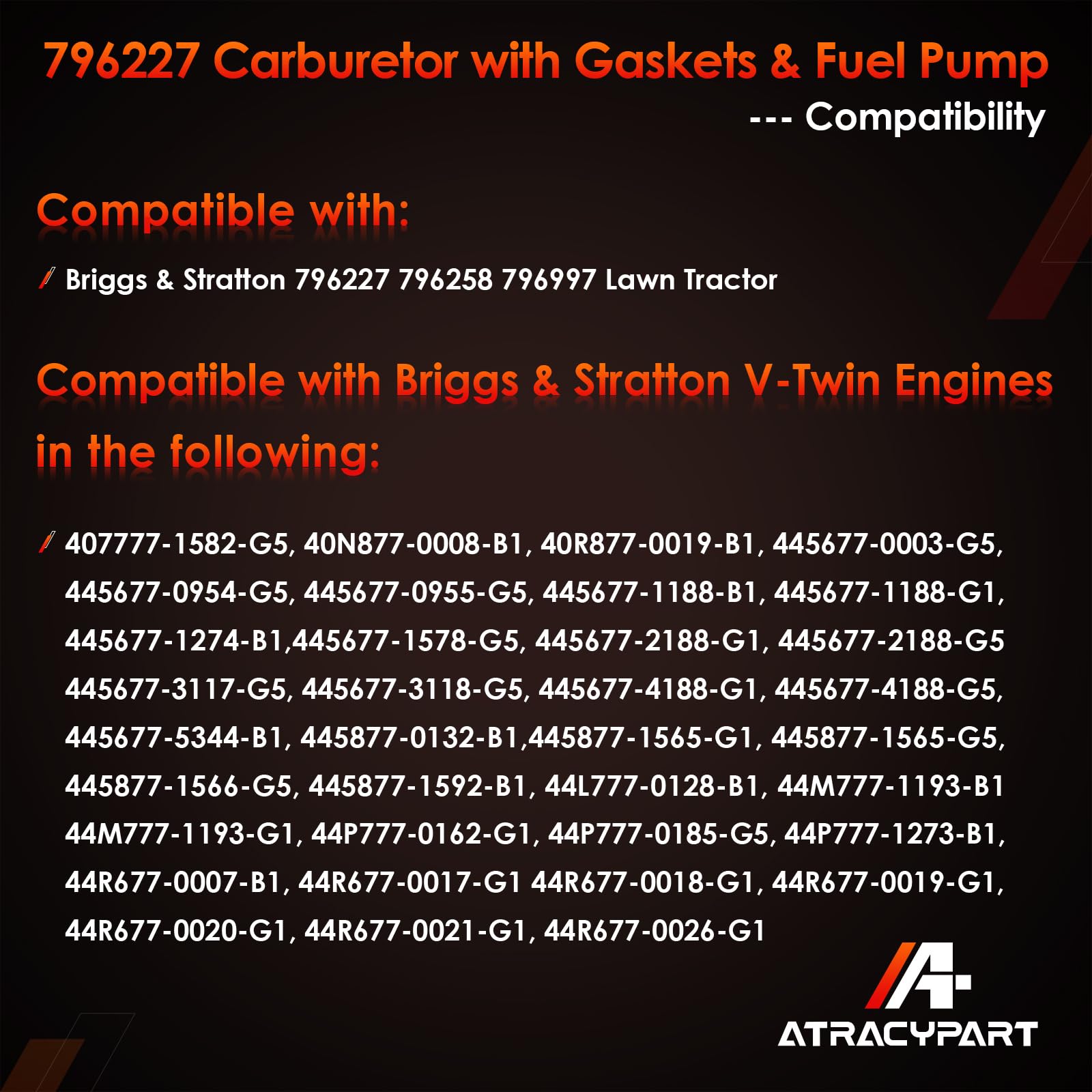 796227 Carburetor, Compatible With B&S Lawn Tractor V-Twin Engines 405777 406777 407777 40N877 40R877 445677 445877 44L777 44M77