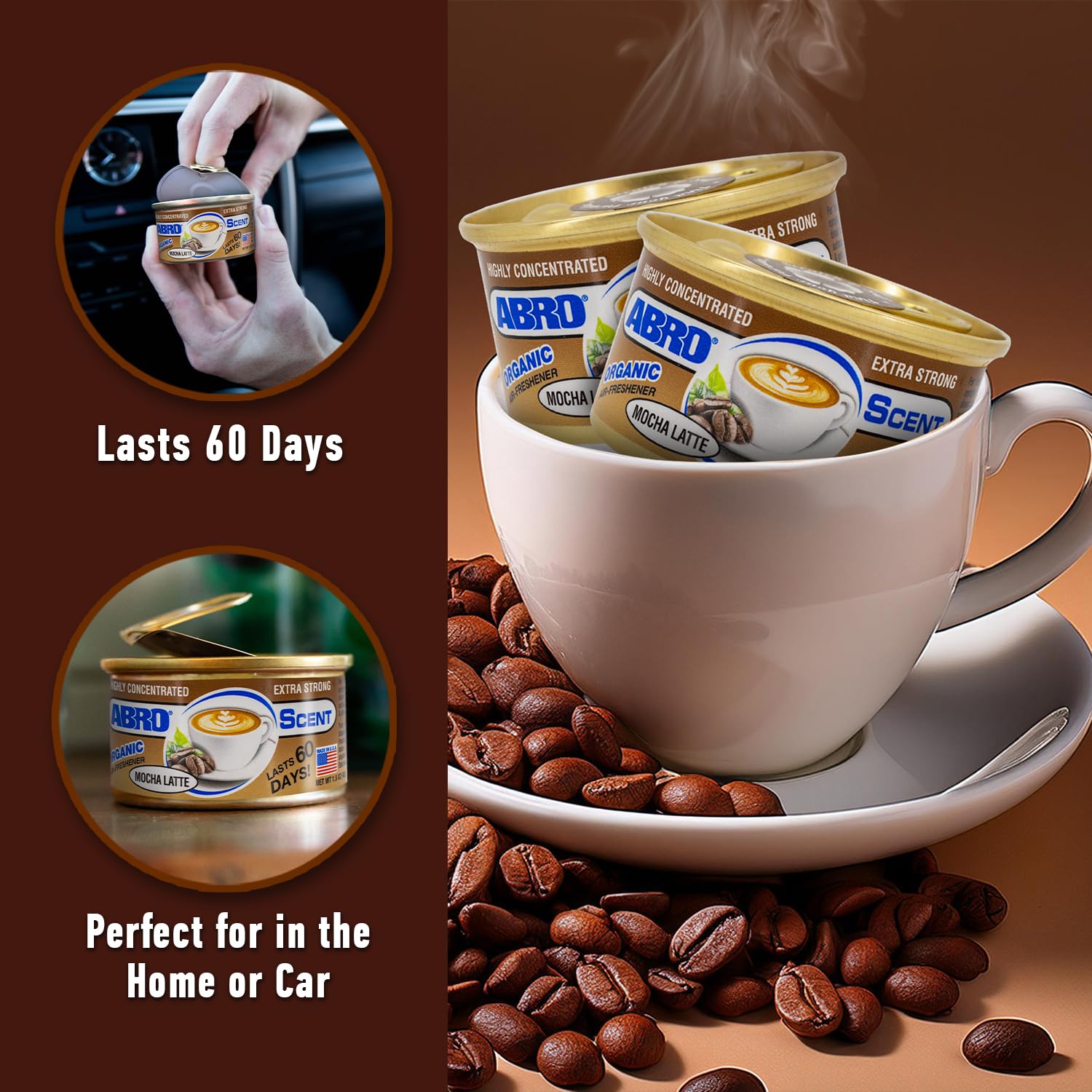 Abro Car Air Freshener Cans: Spill Proof Air Fresheners For Home, Office, Or Car Accessories, Lasts Up To 60 Days - 3 Pack Mocha