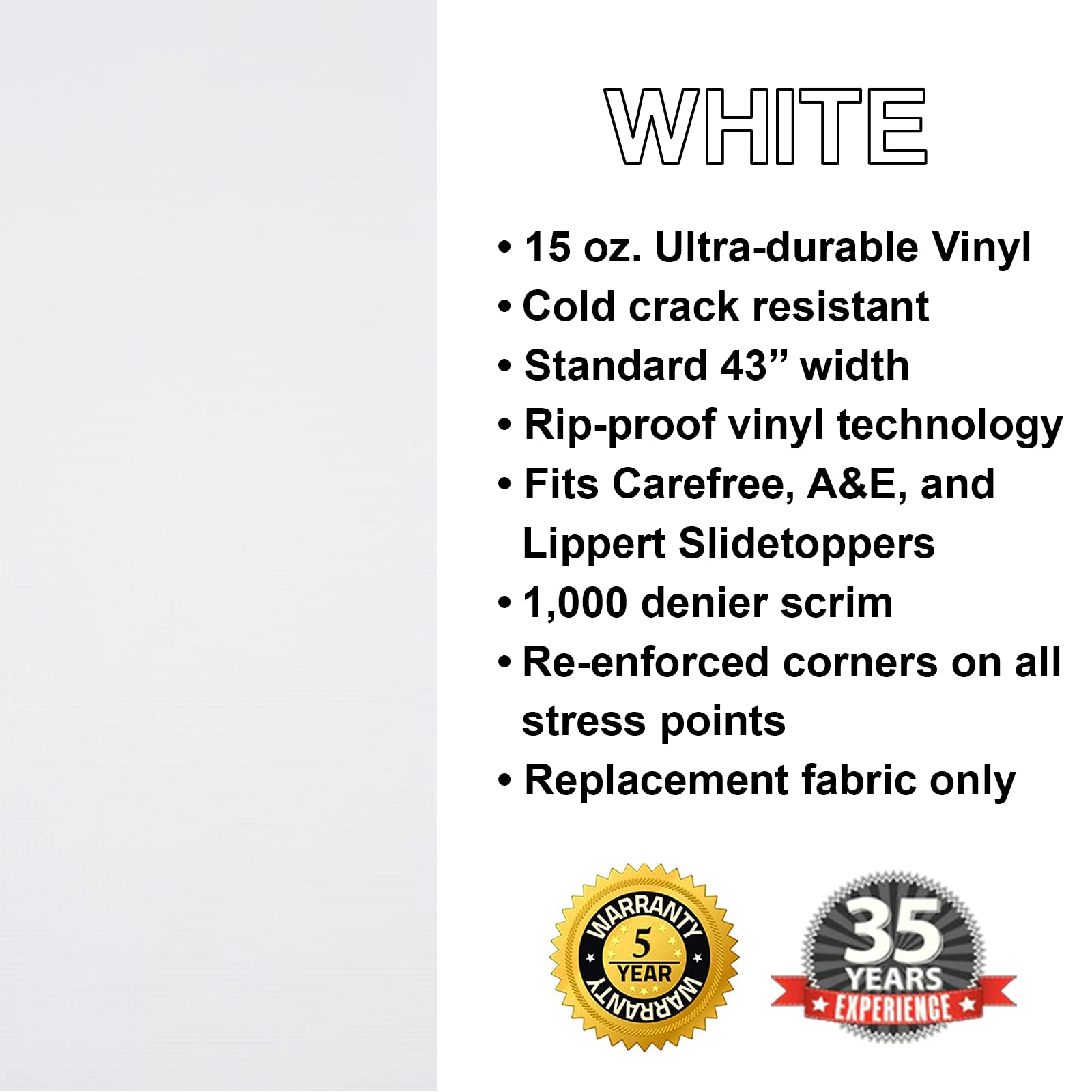 ShadePro RV Slideout Topper - 163" to 199" Vinyl Awning Replacement, Ultra-Durable, White