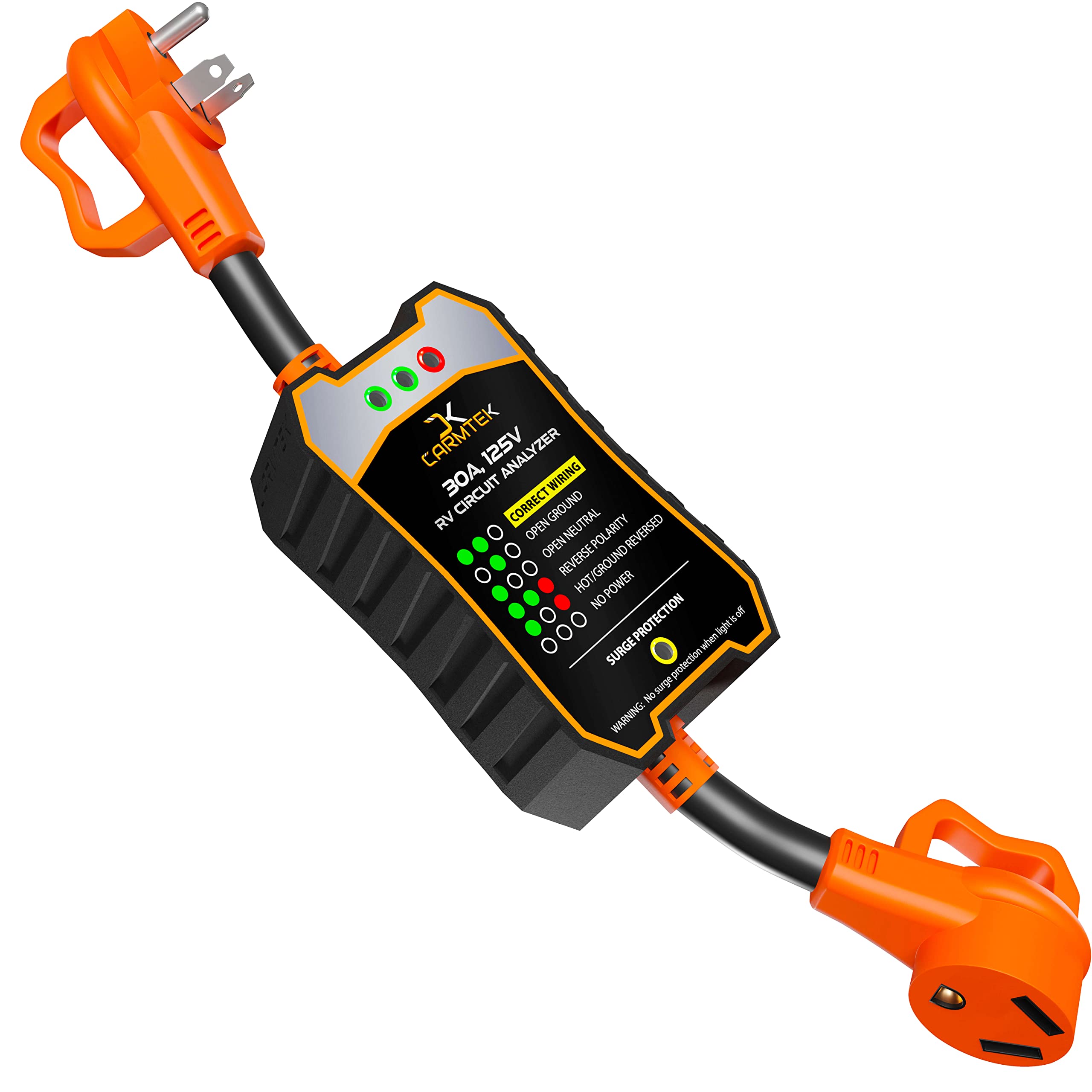 Carmtek Rv Surge Protector 30 Amp - Rv Circuit Analyzer With Integrated Surge Protection - Smart 30 Amp Surge Voltage Protection With Grip Handles