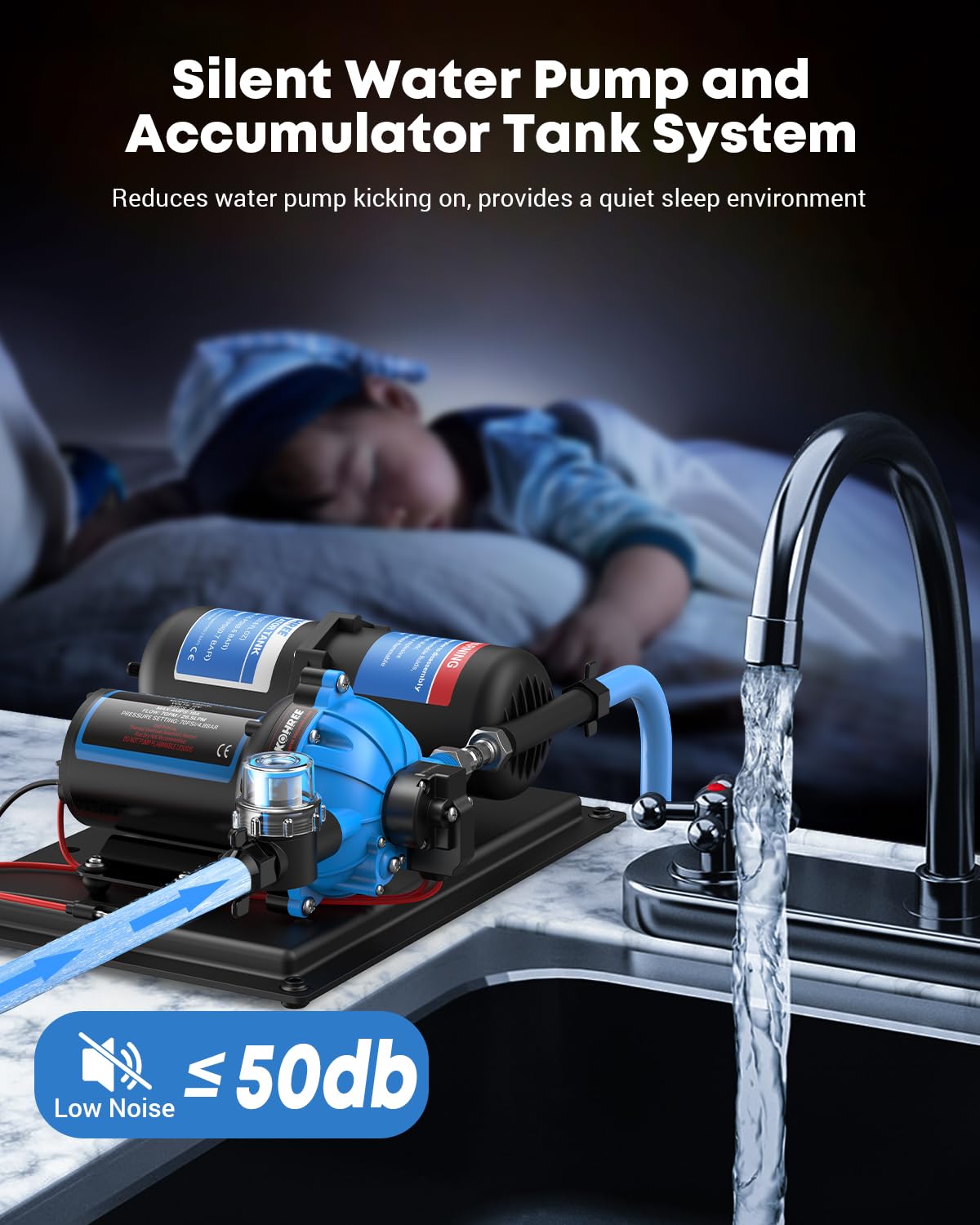 Kohree Rv Water Pump 12V Dc 7Gpm 70Psi And 1L 125Psi Pre-Pressurized Accumulator Tank, Quiet Rv Water Pump And Accumulator Tank
