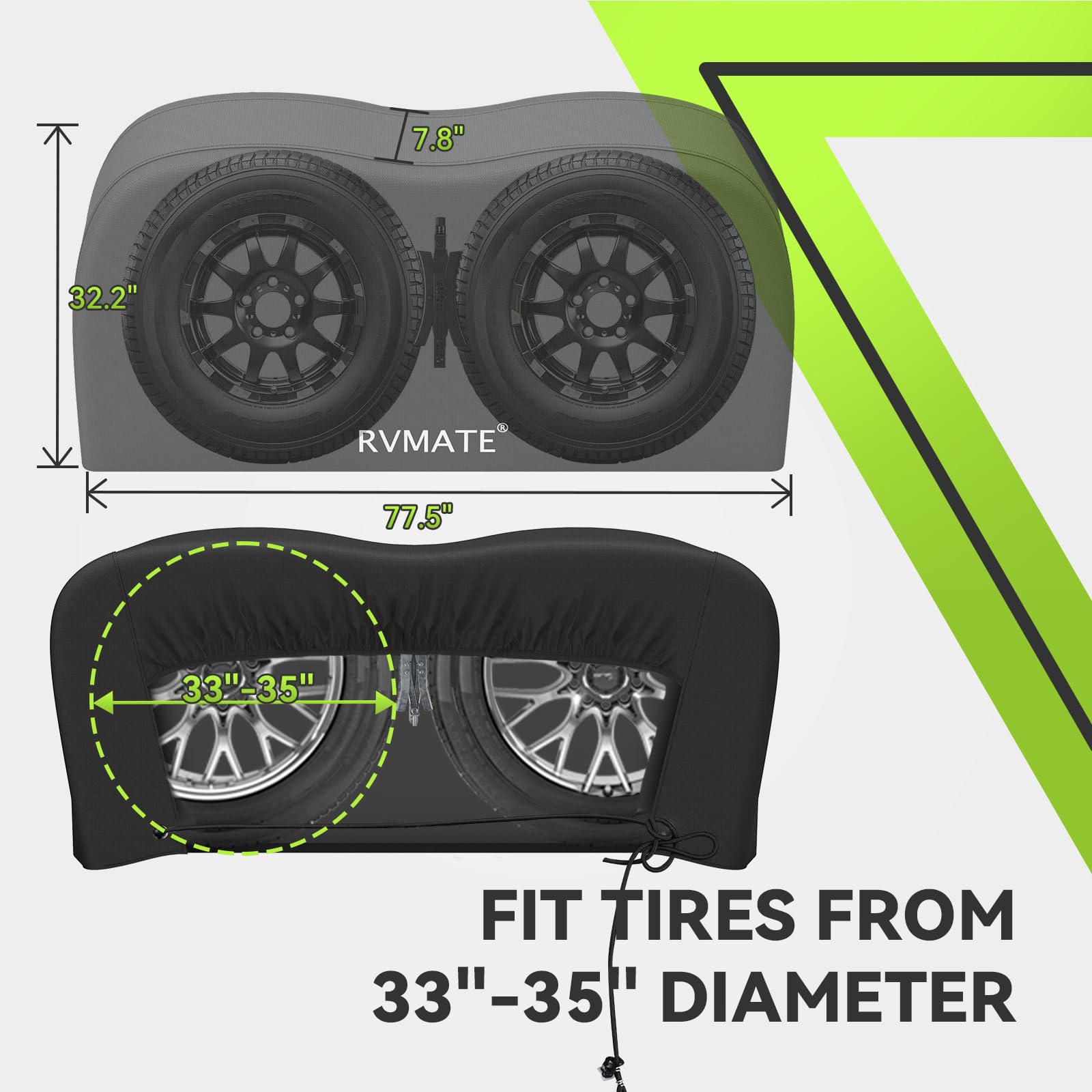 RVMATE RV Tire Covers, Dual Axle Wheel Cover (2 Pack) Fits 33''-35'' Diameter Tires, Waterproof Anti-UV 600D Oxford Black Dual T