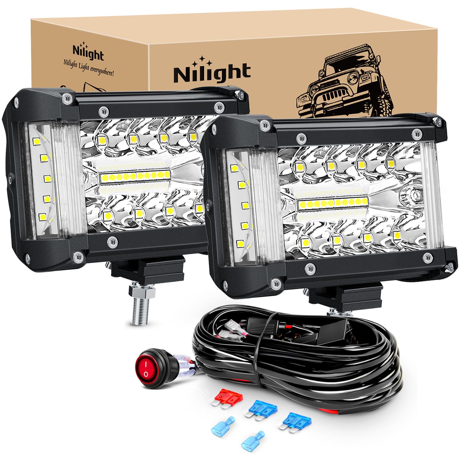 Nilight Side Shooter Led Light Bar 2Pcs 4.3Inch Triple Row Spot Flood Combo Lights Led Work Light With Wiring Harness Kit For Of