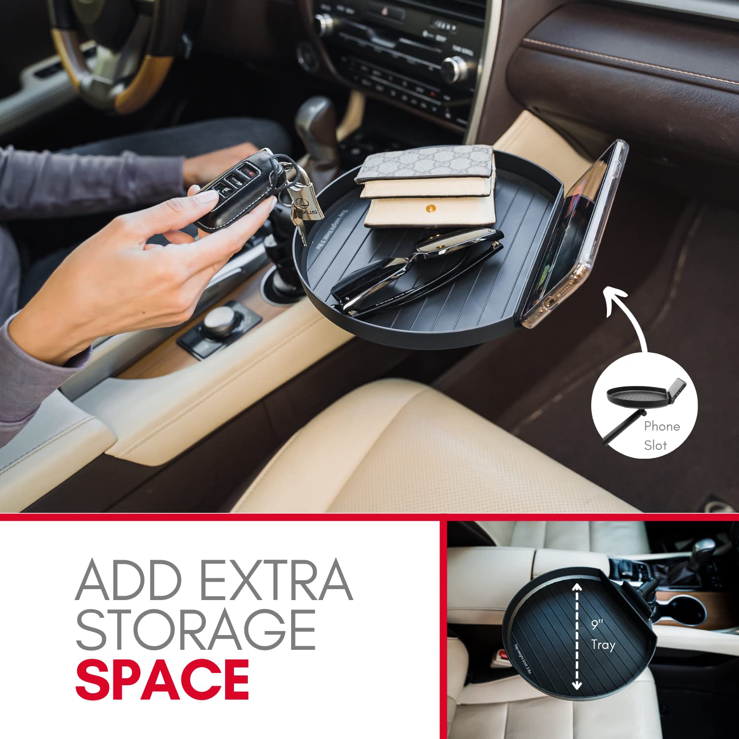Macally Cup Holder Tray For Car - Adjustable Car Tray Table - Perfect Car Food Tray For Eating With Phone Slot And Swivel Arm - Car Organizer