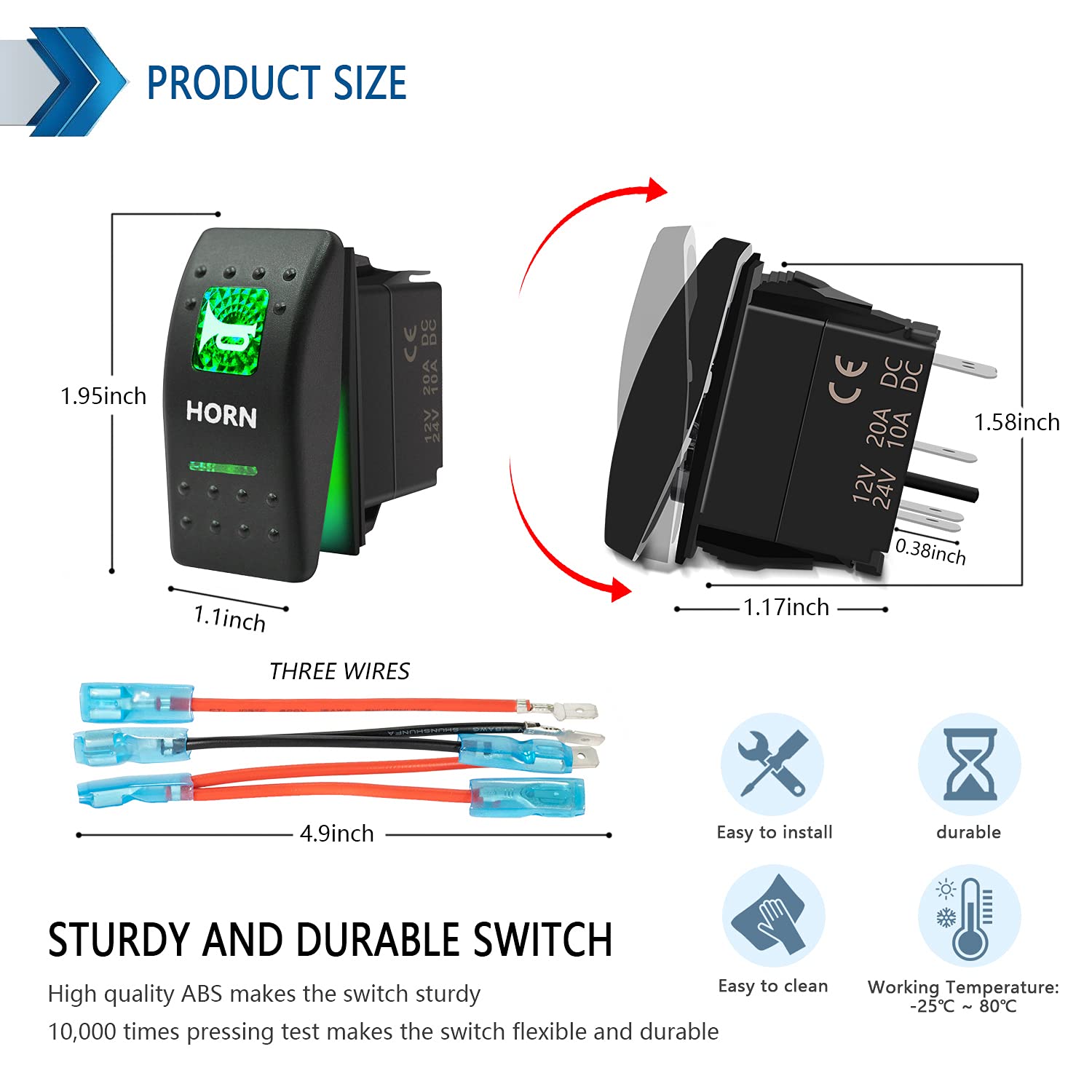 Momentary Horn Button Waterproof Rocker Switch Toggle - On/Off Green Led Light - 12V 20Amp 24V 10Amp, 5 Pin For Automotive Car V