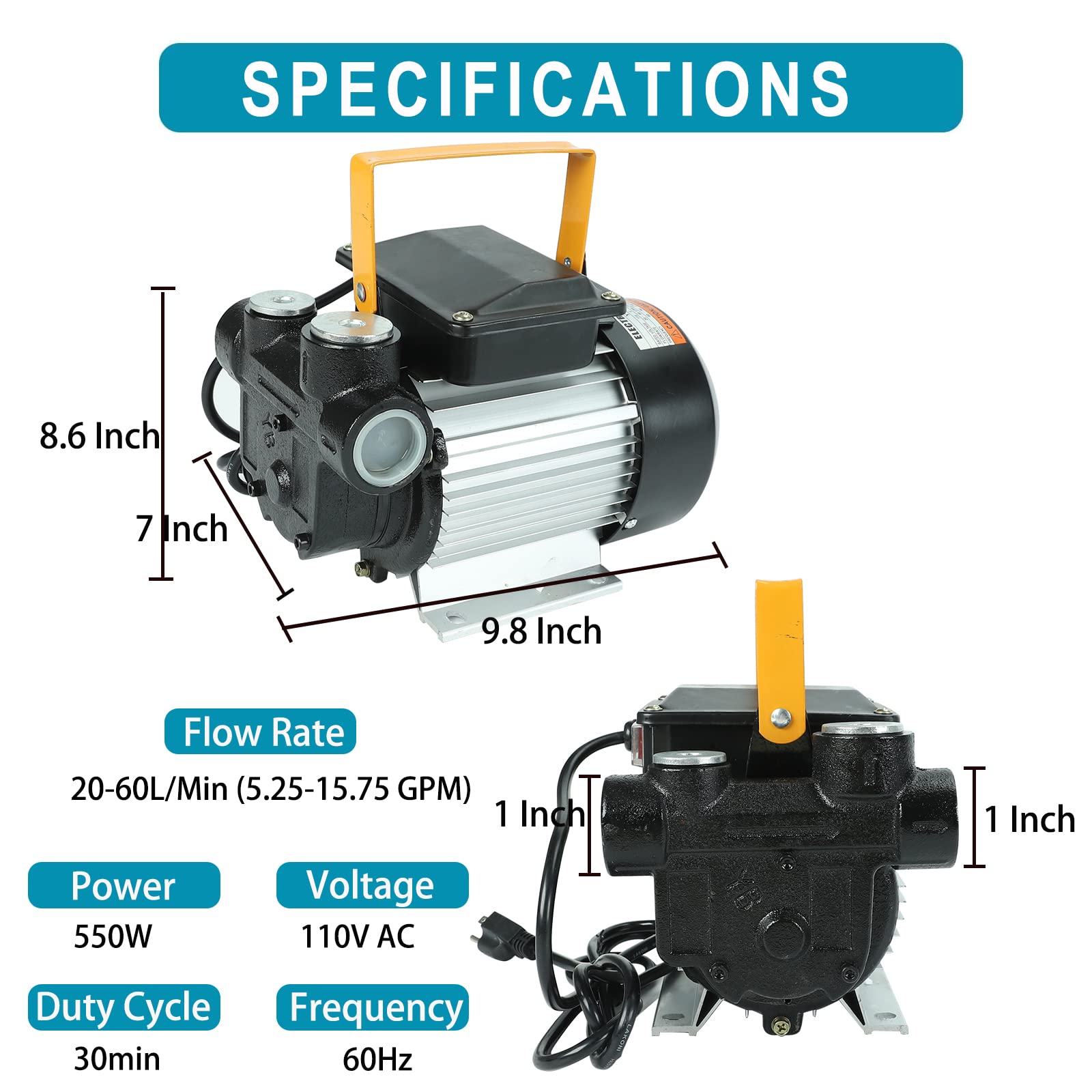 caqeg 110V AC 550W Self Priming Electric Transfer Pump - 60L/min for Fuel, Diesel, Kerosene, Black, Model HY