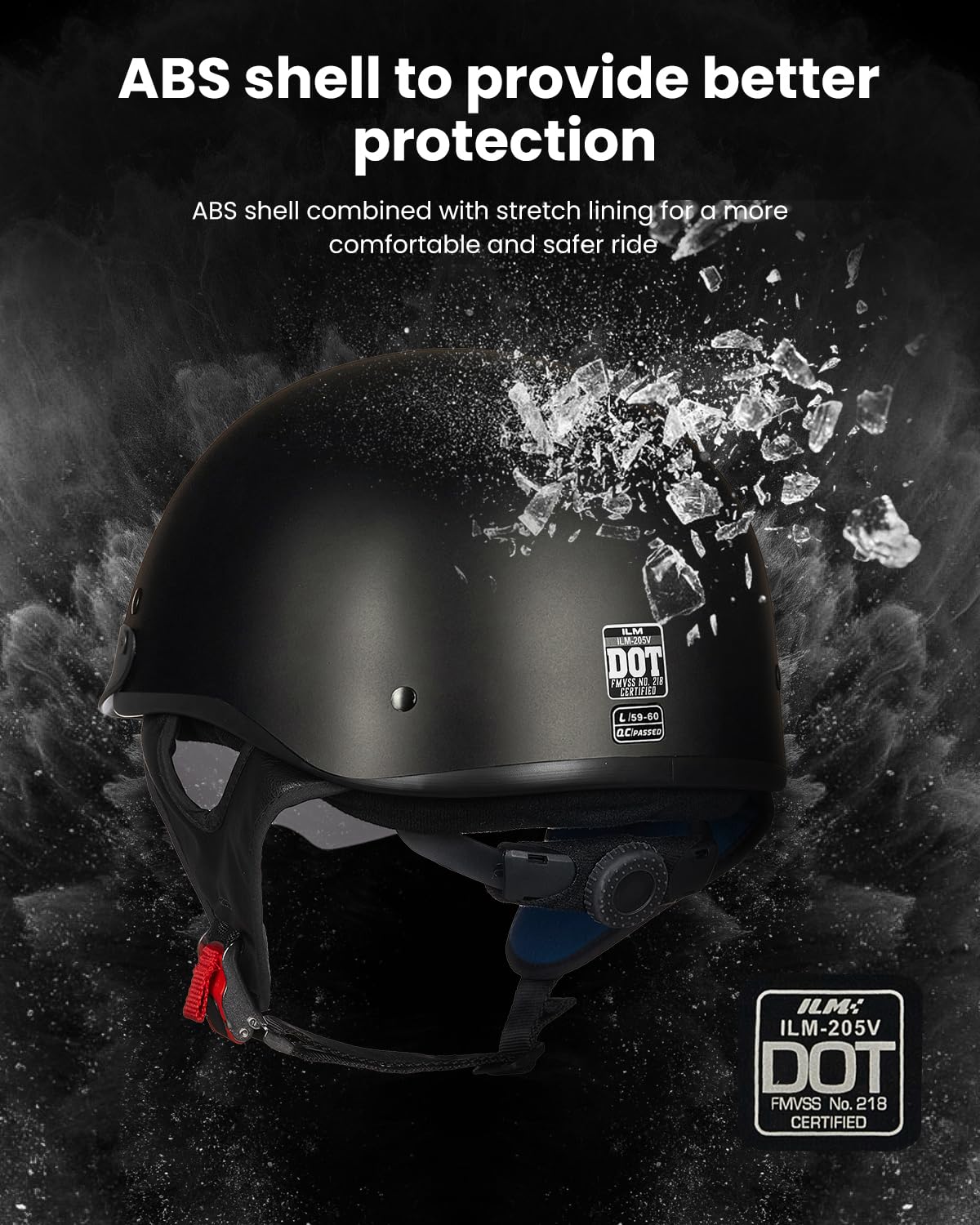 ILM Half Helmet Motorcycle Open Face, Large, Matt Black, ABS, Model-205V, DOT Approved, Quick Release Buckle
