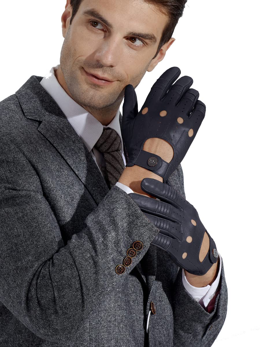 Gsg Men Genuine Leather Gloves Navy Blue Unlined Biking Touchscreen Driving Gloves X-Large,Navy Palm Hole