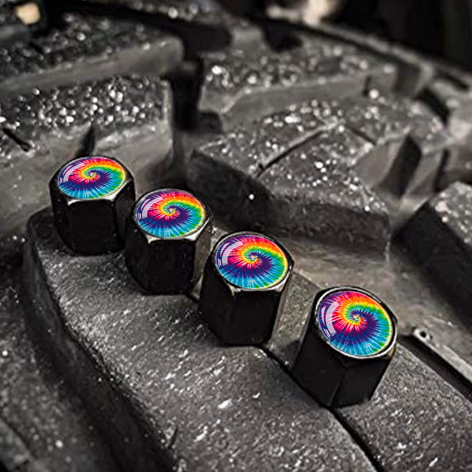 Metal Car Wheel Tire Valve Stem Caps 4 Pack Cool Tie Dye Pattern Aluminum Car Tire Air Valve Caps For Cars, Trucks, Bikes, Motor