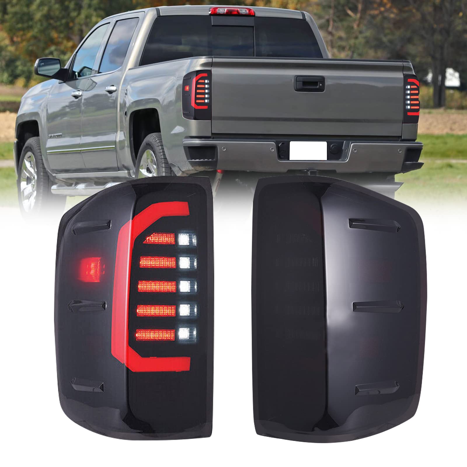 Led Tail Light Assembly For 2014-2018 Chevy Silverado 1500, 2016 2017 2018 2019 Chevy Silverado 2500Hd 3500Hd Smoked Rear Taillight Lamp With Brake Turn Signals Reverse Light Driver &Passenger Side