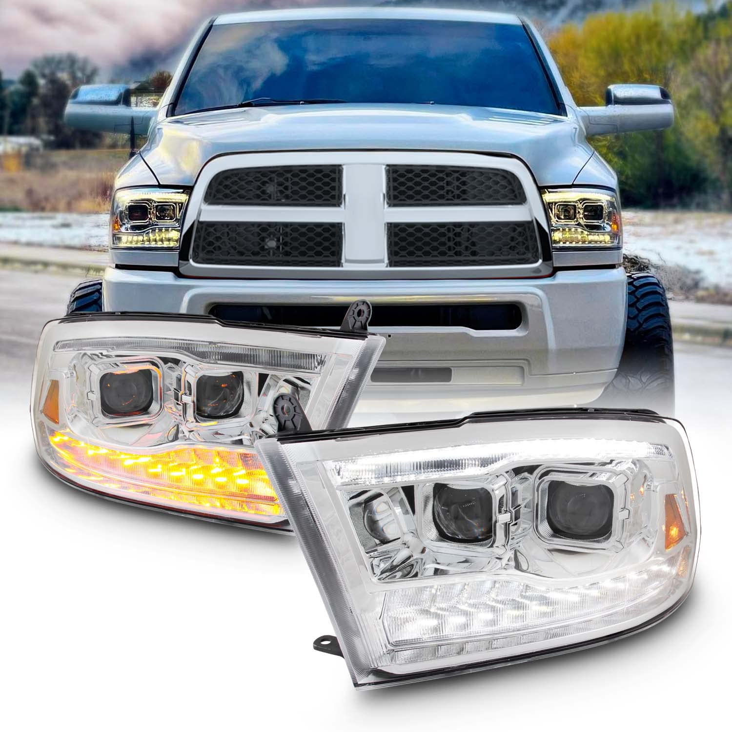 AKKON  [Factory Upgrade For 0918 Dodge Ram 1500 2500 3500 Dual Projector LED DRL Headlights With Light bulbs