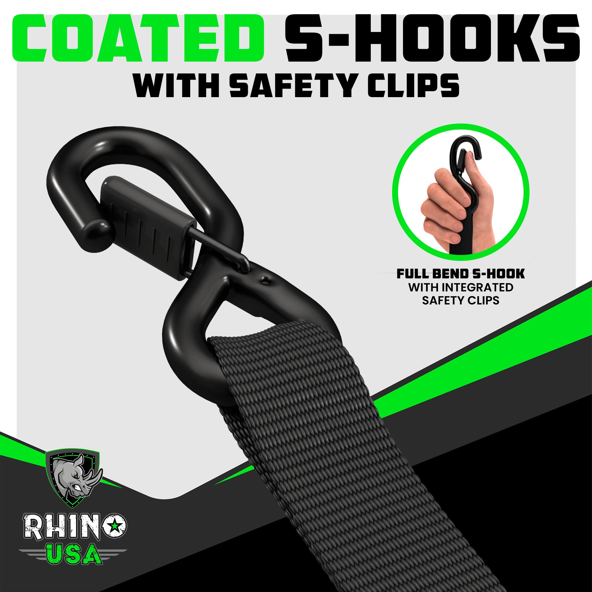 Rhino Usa Ratchet Straps Heavy Duty Kit (4-Pack) - 1.6 Inch X 15 Feet (5,208Lb Break Strength) - Ultimate Tie Down Straps With S