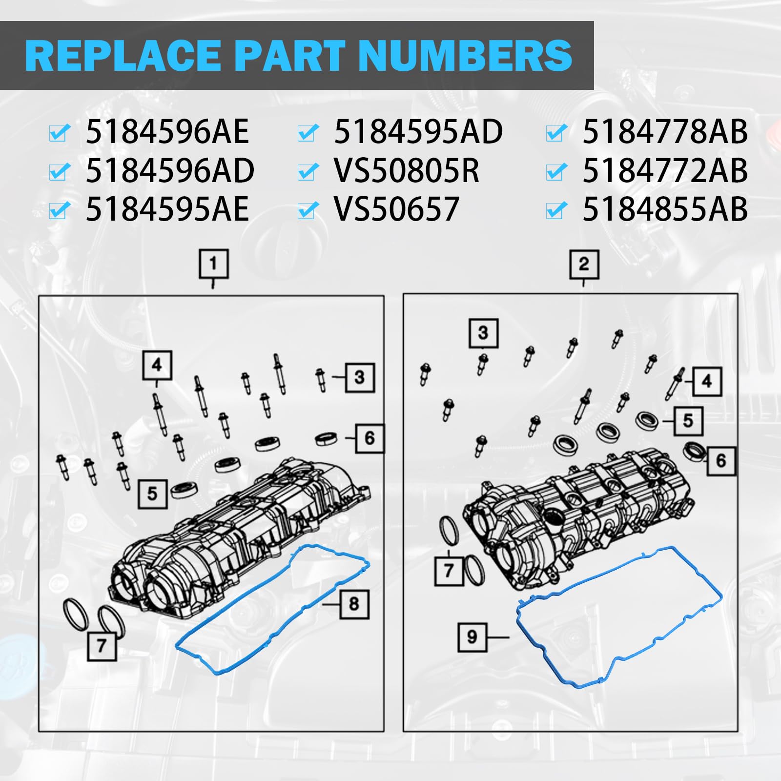 Valve Cover Gasket Set - Compatible With 3.6L V6 Dodge Journey, Durango, Avenger, Jeep Cherokee, Wrangler, Ram 1500, Promaster,