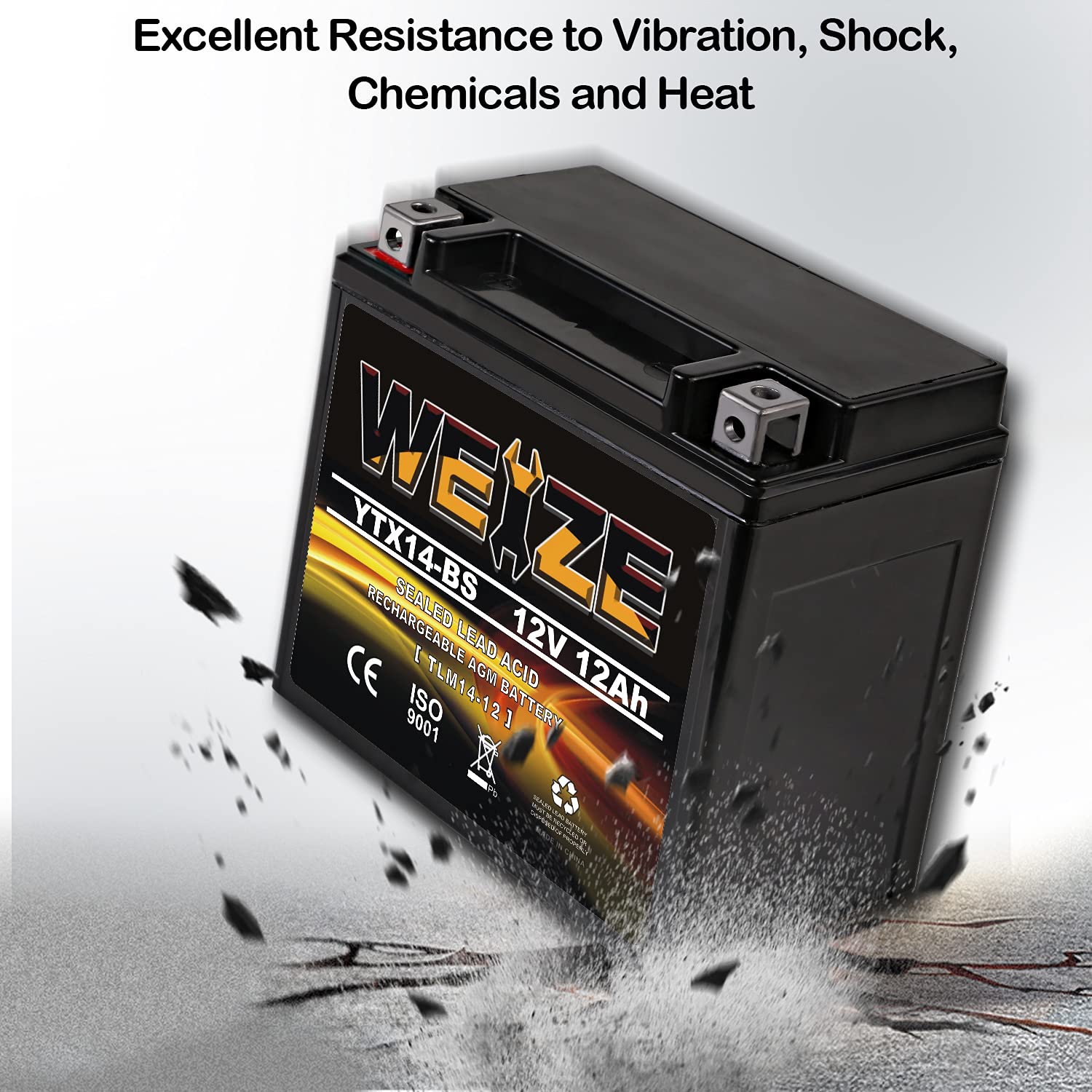 WEIZE YTX14-BS ATV Battery - Maintenance Free Sealed AGM - Black - Compatible with Honda, Suzuki, Kawasaki, Yamaha