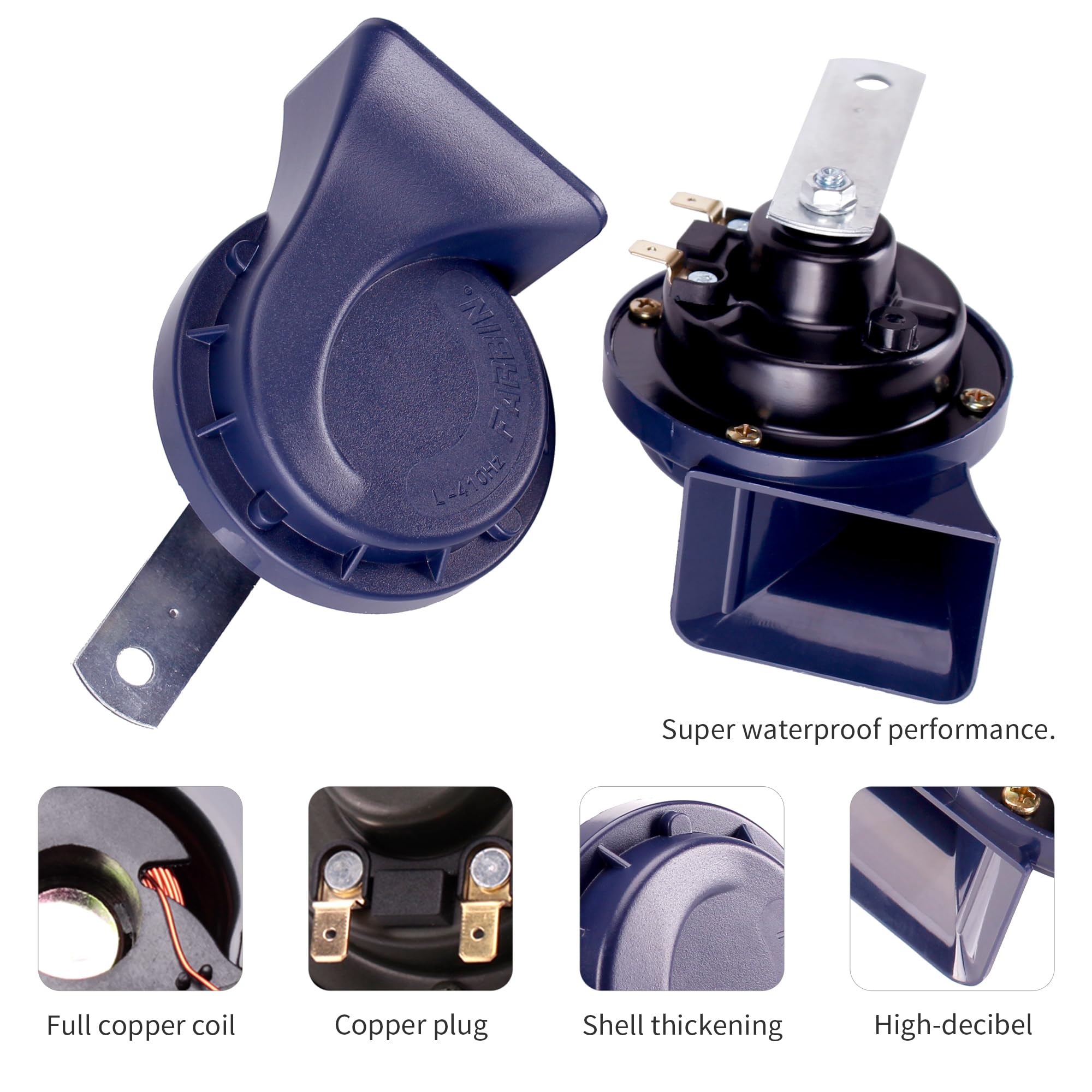 Farbin Horn 12V Car Horns Loud Dual-Tone Waterproof Auto Horn Electric Snail Horn Kit Universal For Any 12V Vehicles (Blue Horn,