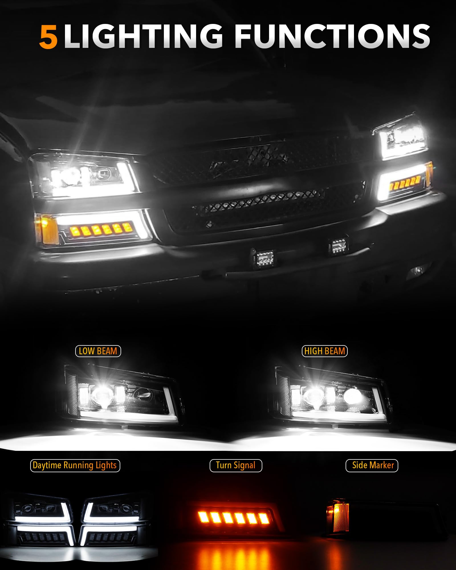 Z-OFFROAD LED Headlights Assembly, DOT Approved, Hi/Low Sealed Beam, Compatible with 2003-2006 Chevy Silverado, Black, Model SJ-0306CHHDCE24