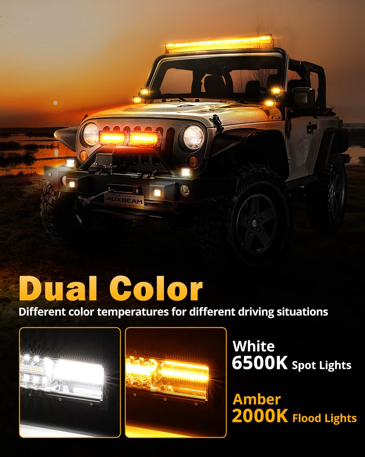 Auxbeam 6 Modes Amber White Series, 22'' Led Light Bar With 3'' Led Pods Combo Set, Dual Color Flashing Strobe Offroad Lights, S