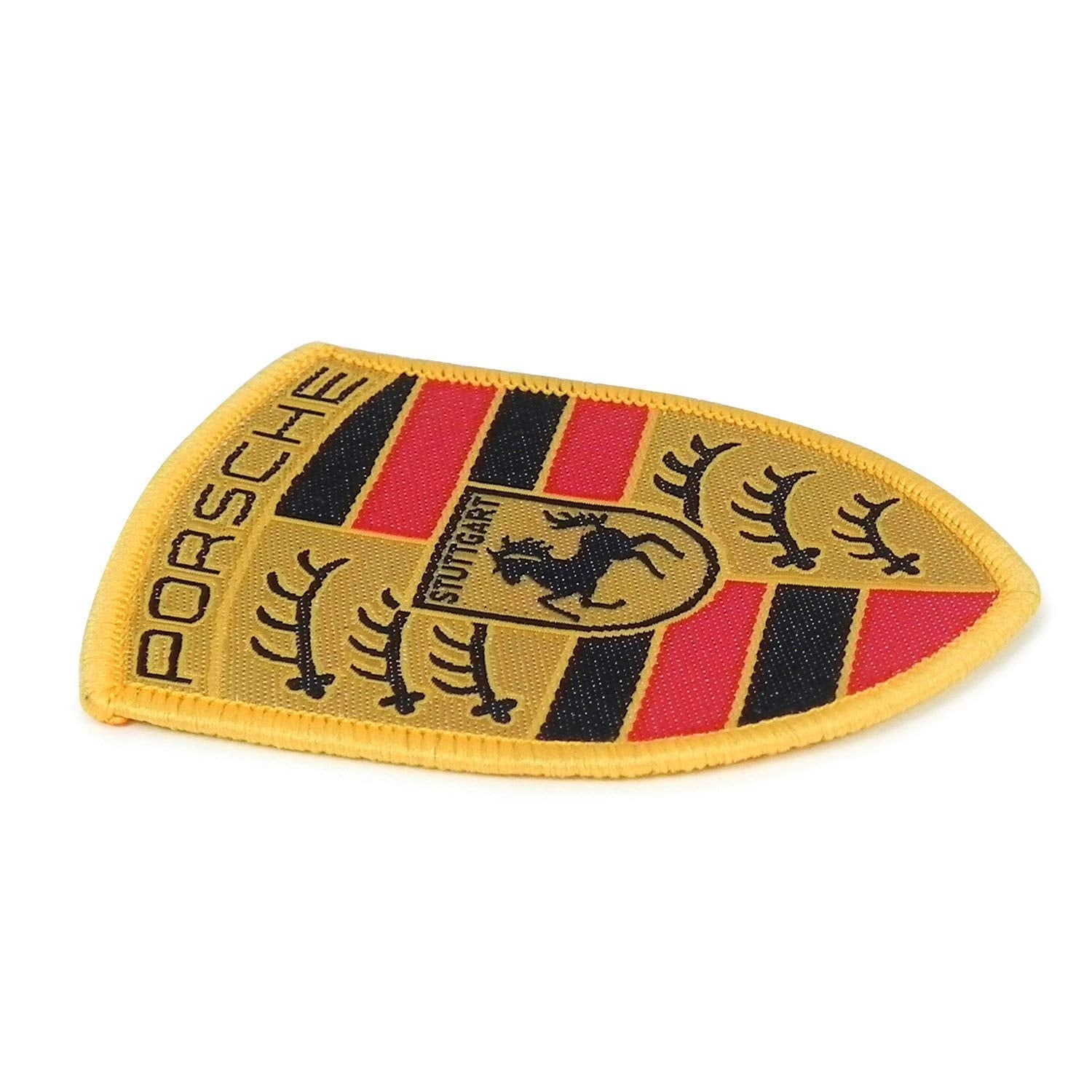 Porsche Sew-On Badge - Rayon Material - Black/Red/Yellow Colors - Iconic Crest Design