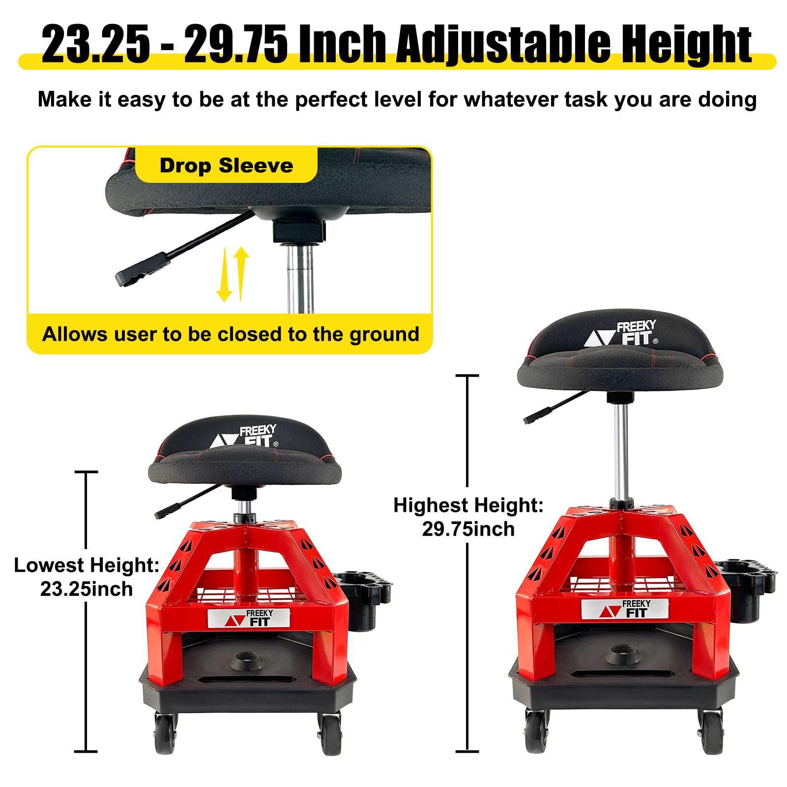 FreekyFit Rolling Shop Stool DO02-R, Adjustable Height, 360° Swivel, Red, 330 LBS Capacity, Tool Tray, Steel Mechanic Seat
