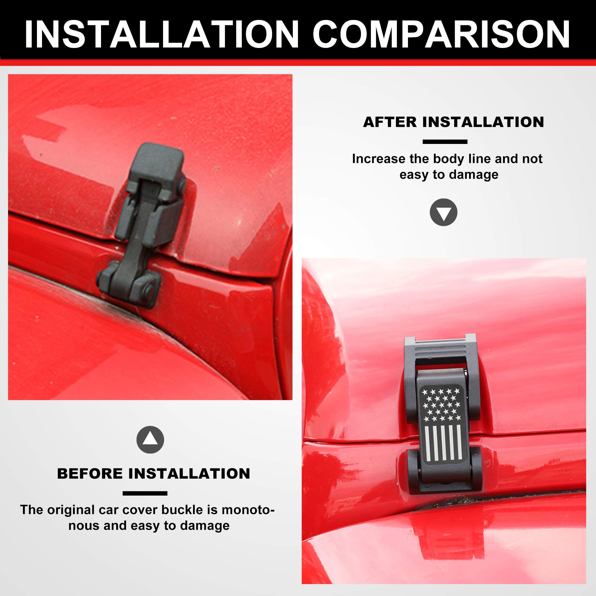 Aslong 2Pcs Hood Latches Catch Kit With U.S. Flag Style Black Aluminum For Jeep Wrangler Jk Jku 2007-2018 & 2018-2021 Jeep Wrang