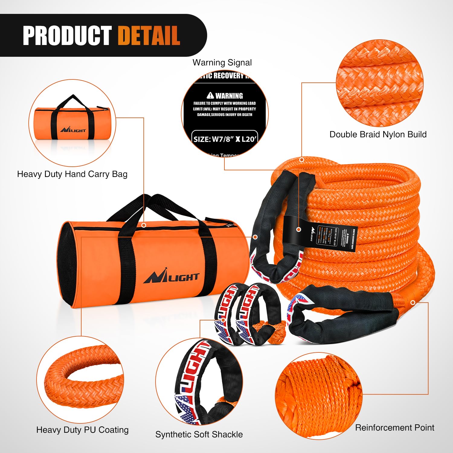 Nilight Kinetic Recovery Tow Rope 7/8'' x 20ft (28,600LBS) with 2 Soft Shackle 1/2'' x 24'' Snatch Strap Heavy Duty Offroad Towi
