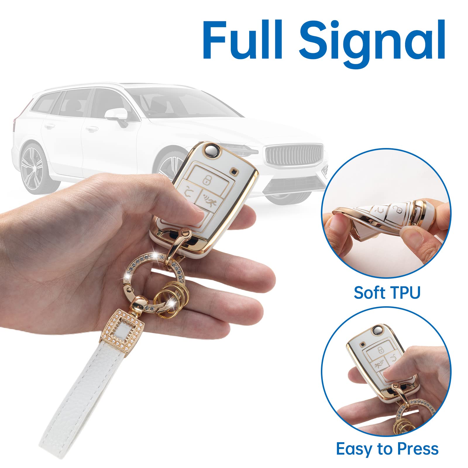 CACARLIKE Car Key Fob Cover - VW Compatible, Medium Size, White+Gold, Durable Plastic with Leather Lanyard