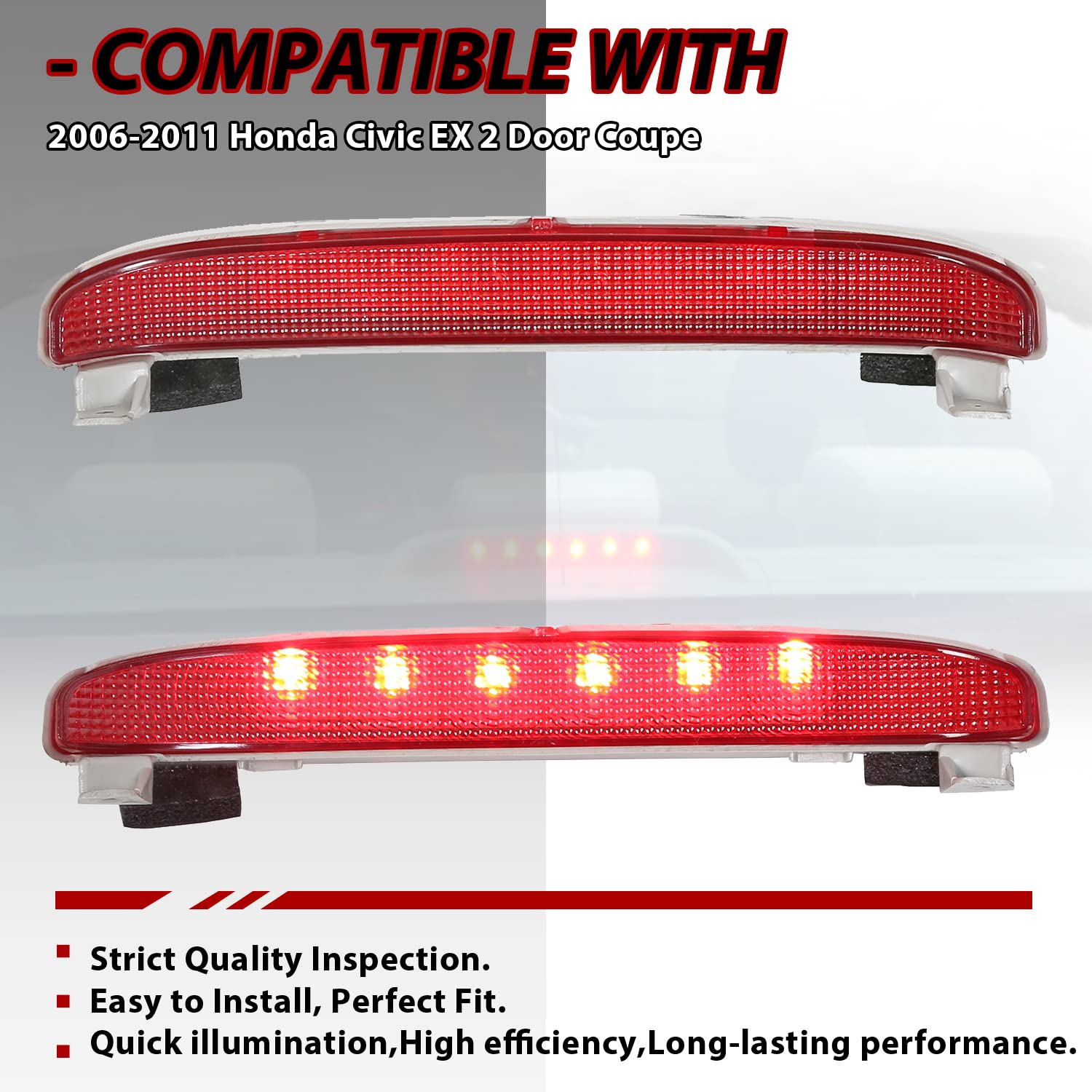 ECOTRIC LED Third 3rd Brake Light Compatible with 2006-2011 Honda Civic EX 2 Door Coupe Replacement For 34270SVAA01 High Mount S
