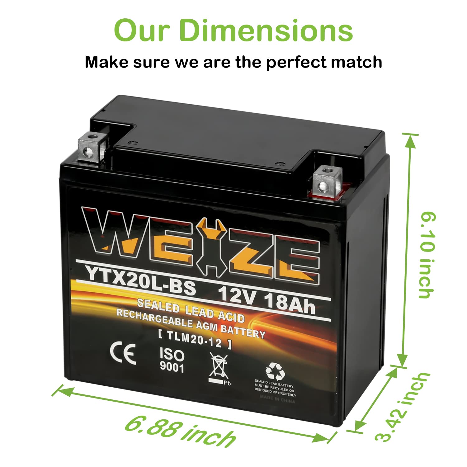 WEIZE YTX20L-BS Sealed AGM Battery for Motorcycle ATV UTV - Maintenance Free, Black