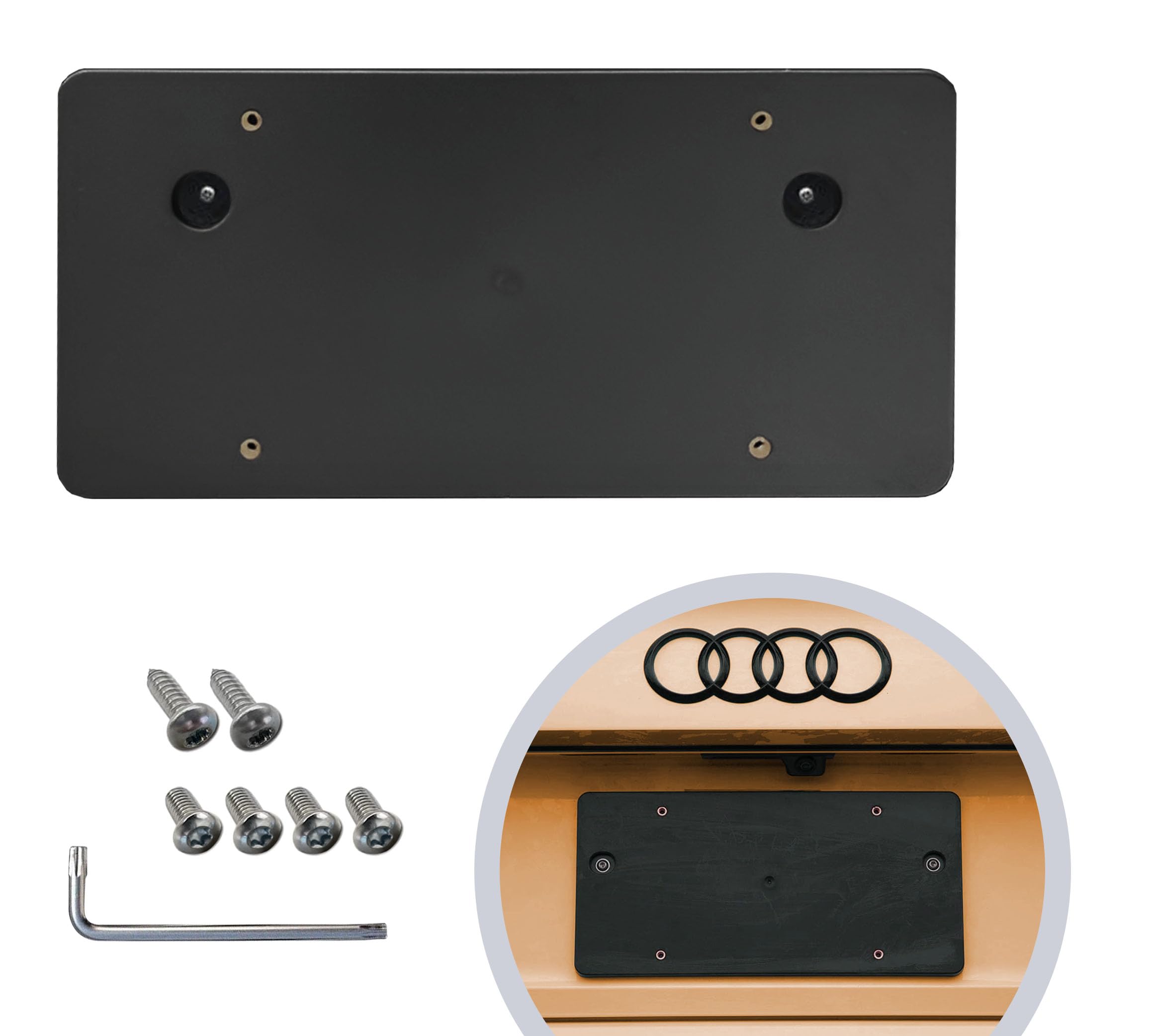 Rear Bumper License Plate Bracket For Audi A4 S4 2013-2023, Plate Holder Set W 8 Unique Screw Bolts & Wrench Kit, License Tag Mo