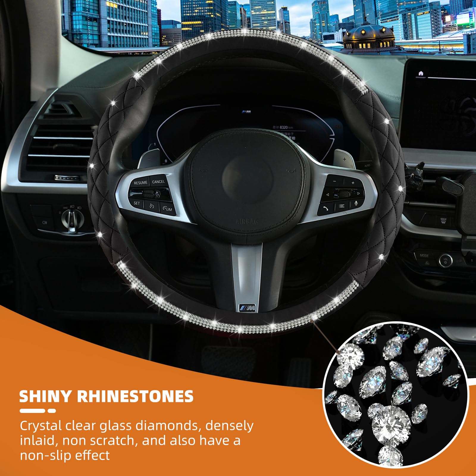 Diamond Steering Wheel Cover,with Bling Crystal Rhinestone, Delicate and Anti-Slip Sparkly Sedan Steering Wheel Cover ,Adaptable