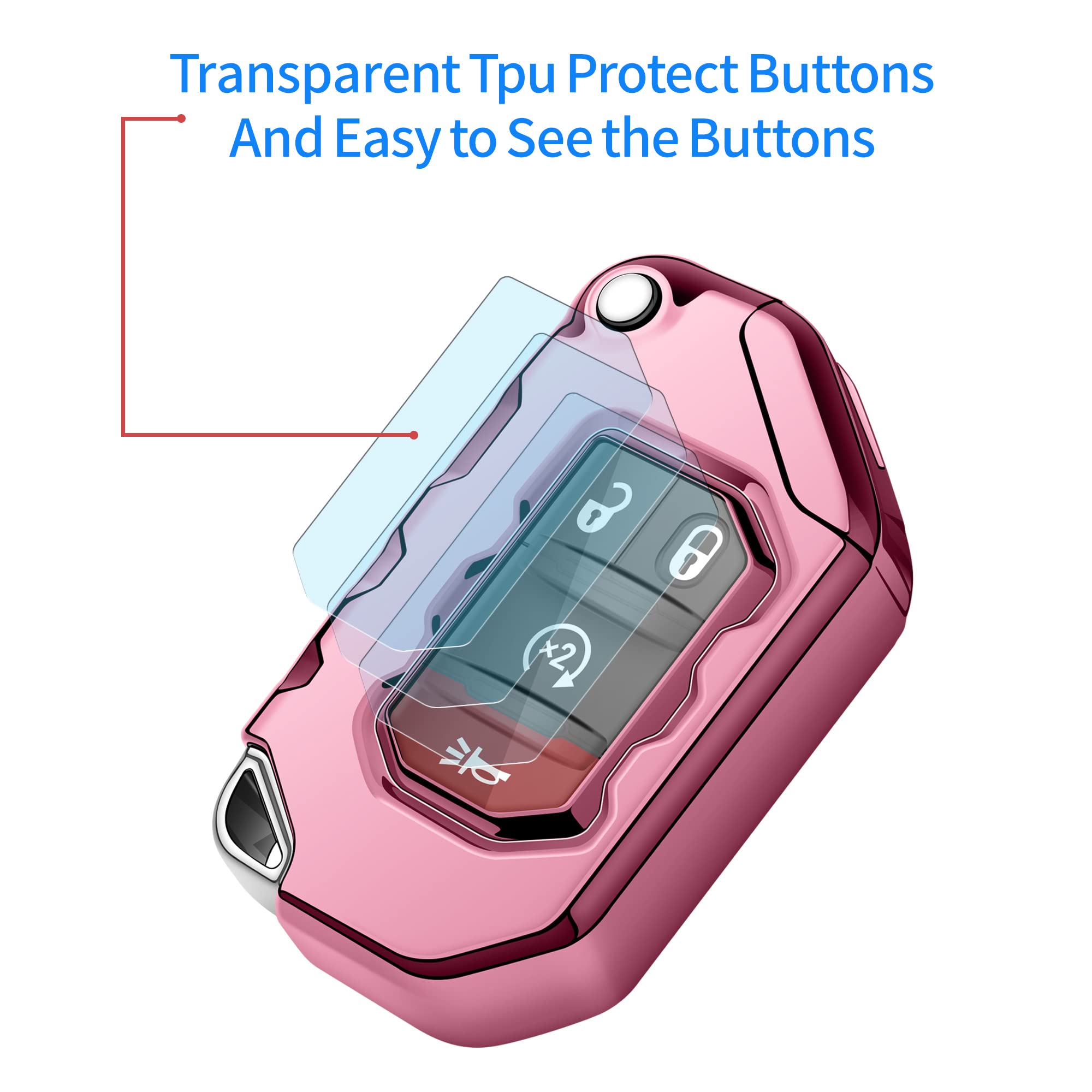 Autophone Compatible With Jeep Key Fob Cover With Leather Keychain Soft Tpu Protection Key Case For 2018 2019 2020 2021 Wrangler Jl Gladiator Remote Key (Pink)