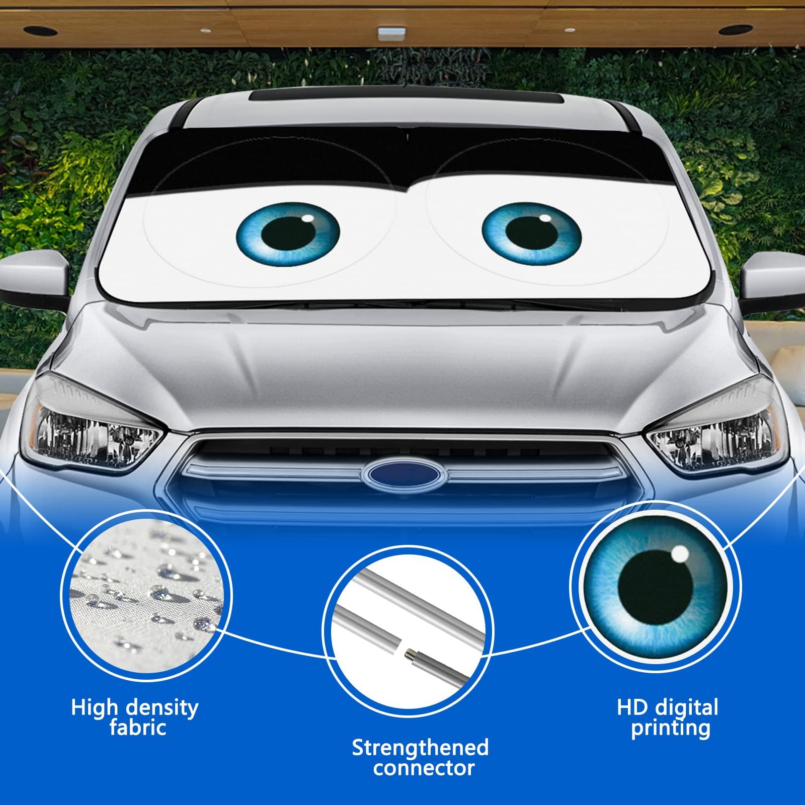 Eygeufg Car Windshield Sun Shade, Funny Eyes Design, Foldable 59"x27.5"/63"x31.5", Wear-Resistant Polyester, Eyes-Black