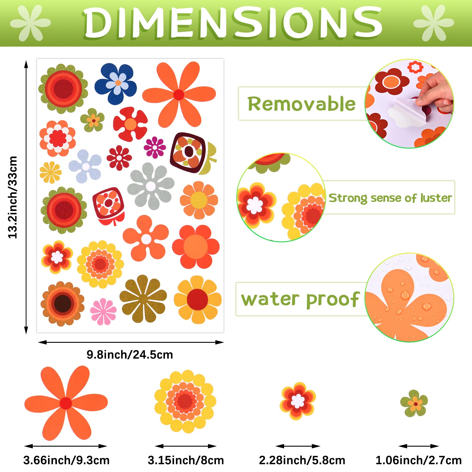 135 Pcs Flower Car Decals 60'S Hippie Flower Stickers Groovy Flower Stickers Daisy Vinyl Sticker Retro Flower Decals For Car Lap