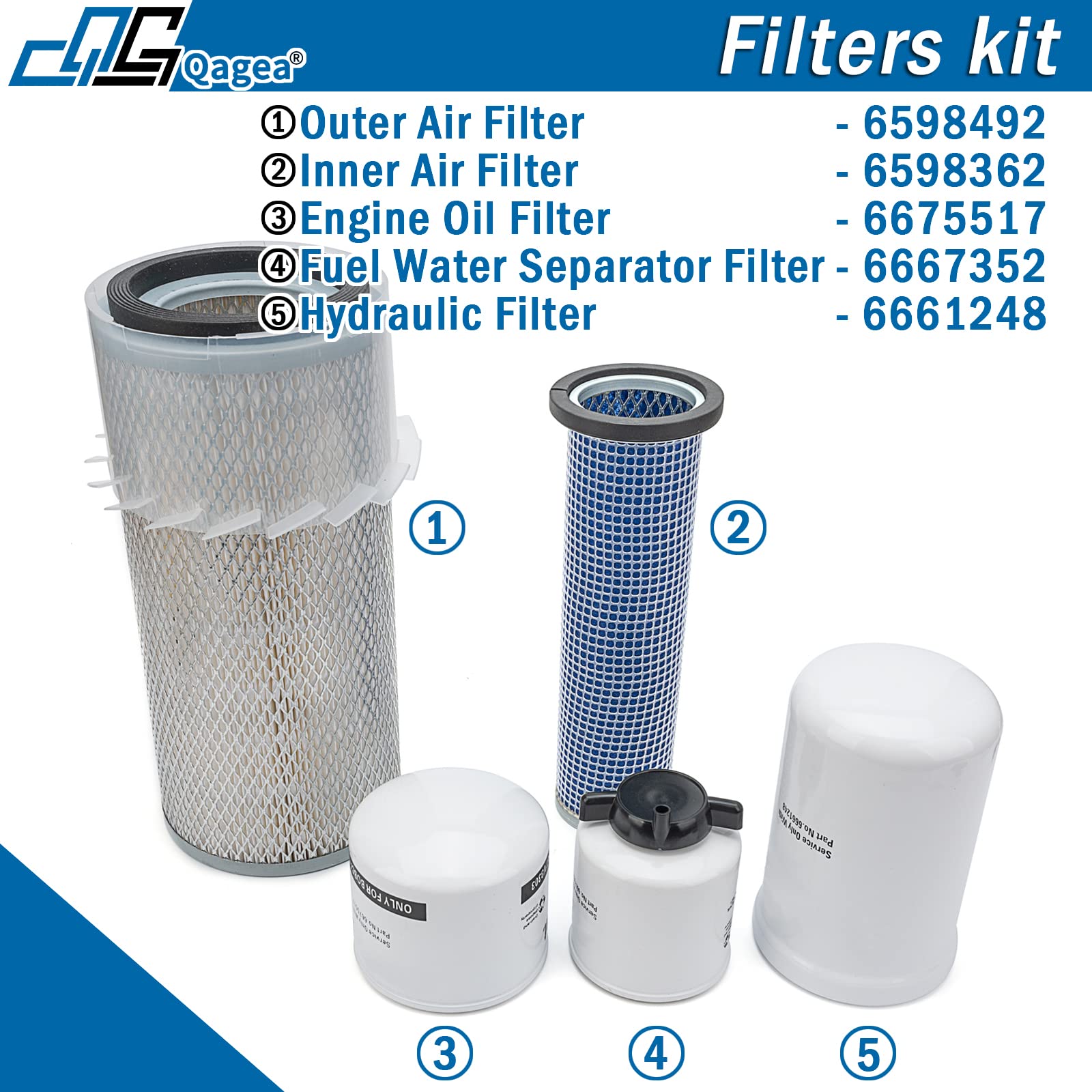 Qagea Air Filter & Oil Filter Kit for Bobcat Models 743, 751, 753, 763, 773, S130, S150, S160, S175, S