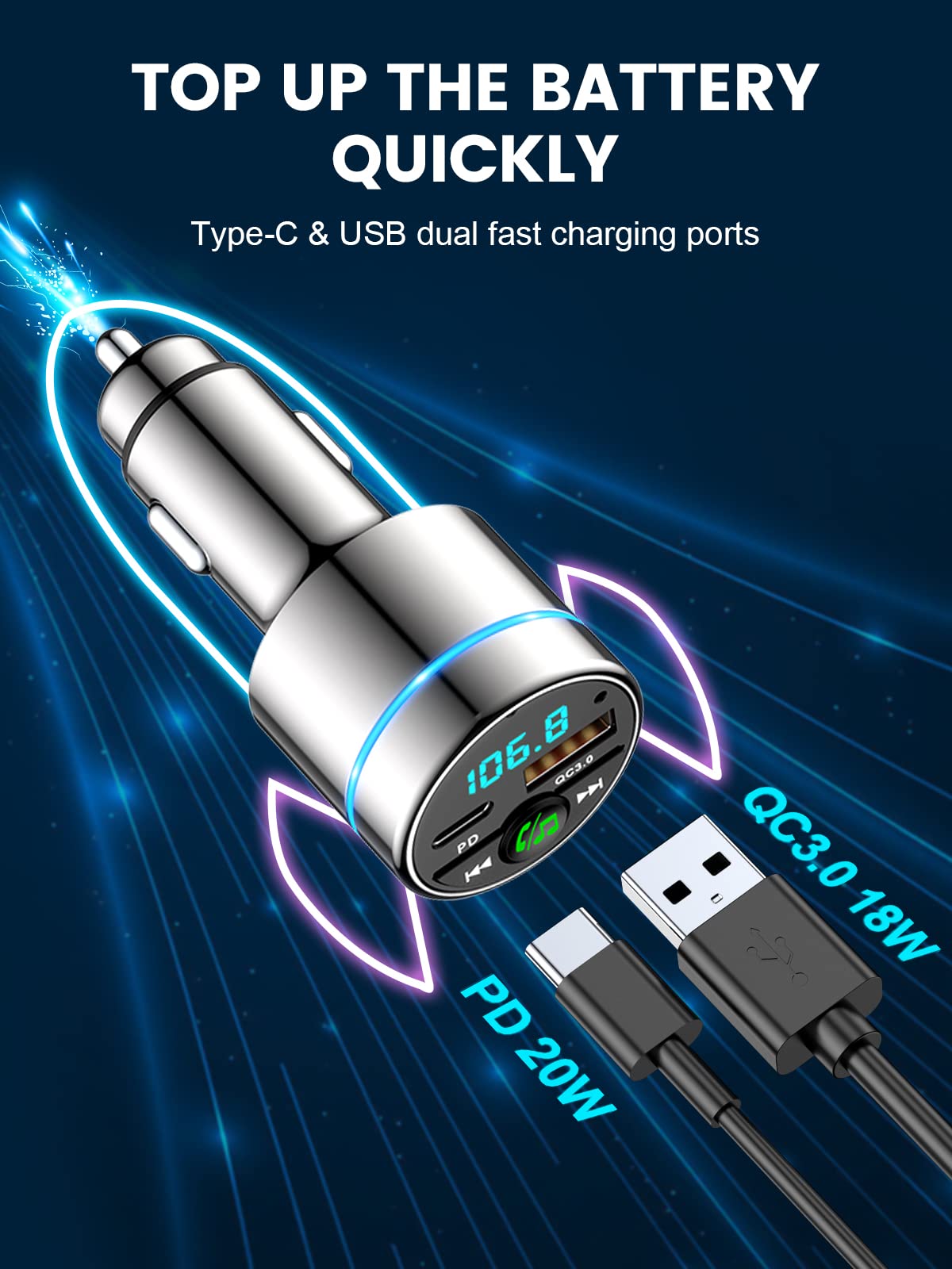 RIWUSI FM Transmitter for Car Bluetooth 5.3, PD 30W & QC3.0 Charger, Silver, Noise Cancelling Hands-Free Call, Small Size