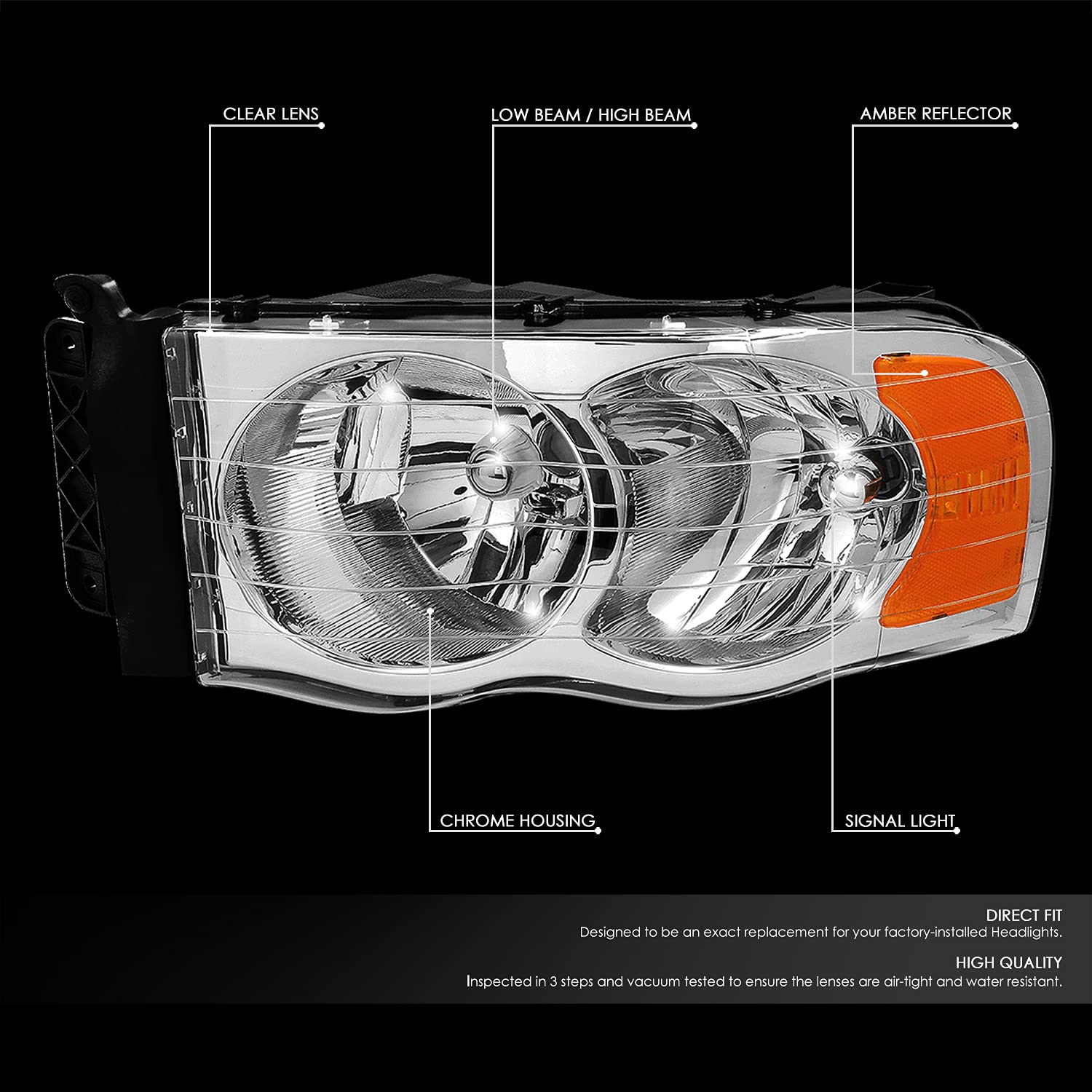 Dna Motoring Hl-Oh-Dr02-Ch-Am Chrome Housing Amber Corner Headlights Compatible With 02-05 Ram 1500/03-05 Ram 2500 3500, Left &