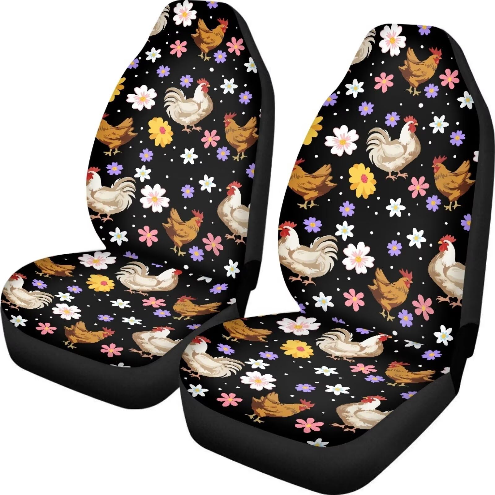 FUIBENG Car Seat Covers Set of 2, Breathable Polyester Protector, Groovy Flower and Chicken Design, Universal Fit for Front Seats