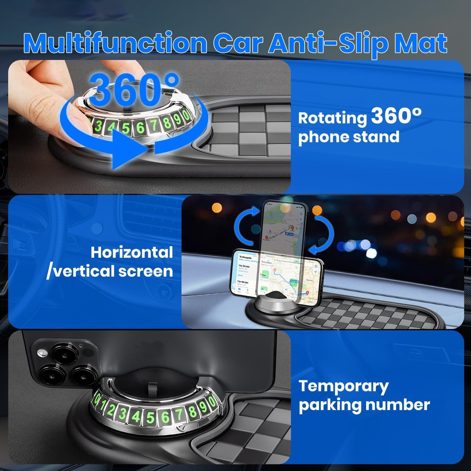 Vaiwenta Multifunction Car Anti-Slip Mat Auto Universal Phone Holder, Rotatable Anti Skid Car Dashboard Pad with Temporary Parki