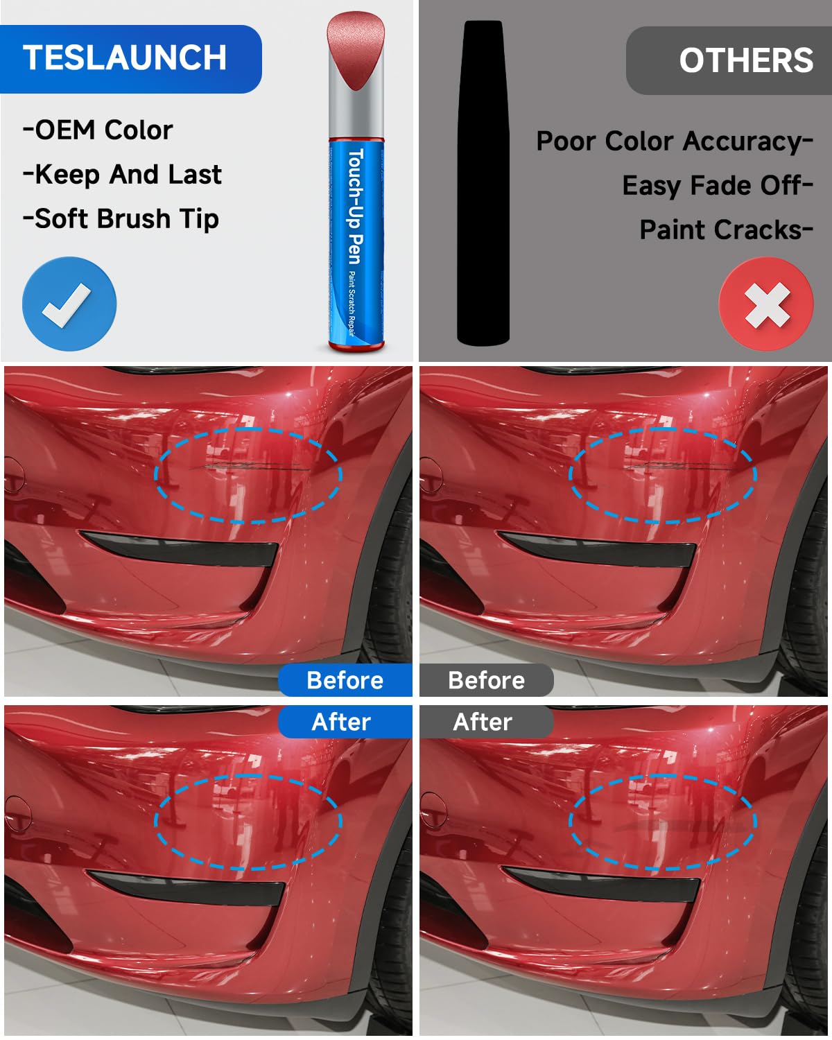 TESLAUNCH Touch Up Paint Pen for Tesla Model 3/Y/S/X - 0.41 Fl Oz, Red (PMMR/PPMR) - OEM Original Scratch Repair Solution