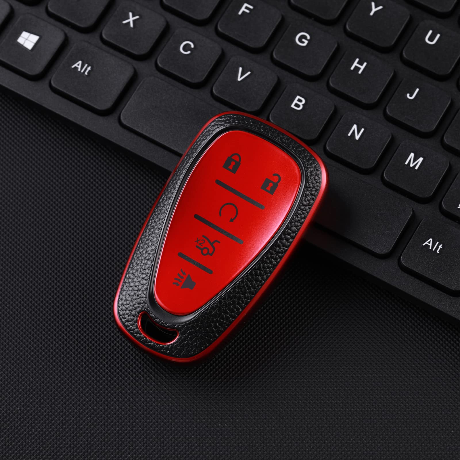 ELOHEI Chevy Key Fob Cover Case TPU Protector, 5 Buttons, Leather Red, Model XUL-B, Fits 2016-2020 Malibu, Camaro, Cruze, and More