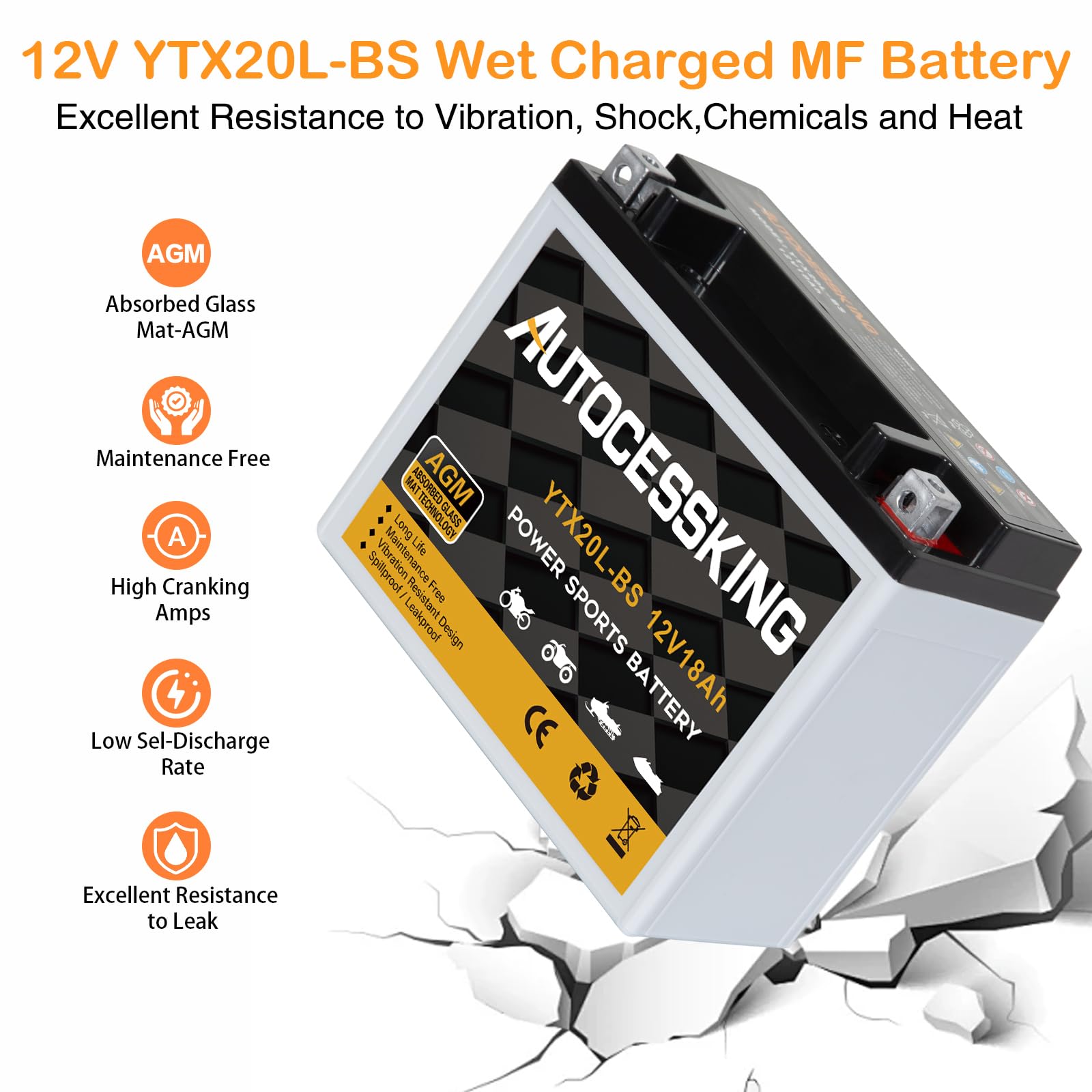 Autocessking YTX20L-BS 12V 18AH Sealed AGM Motorcycle Battery - Maintenance Free Powersport Replacement for ATV and Scooter
