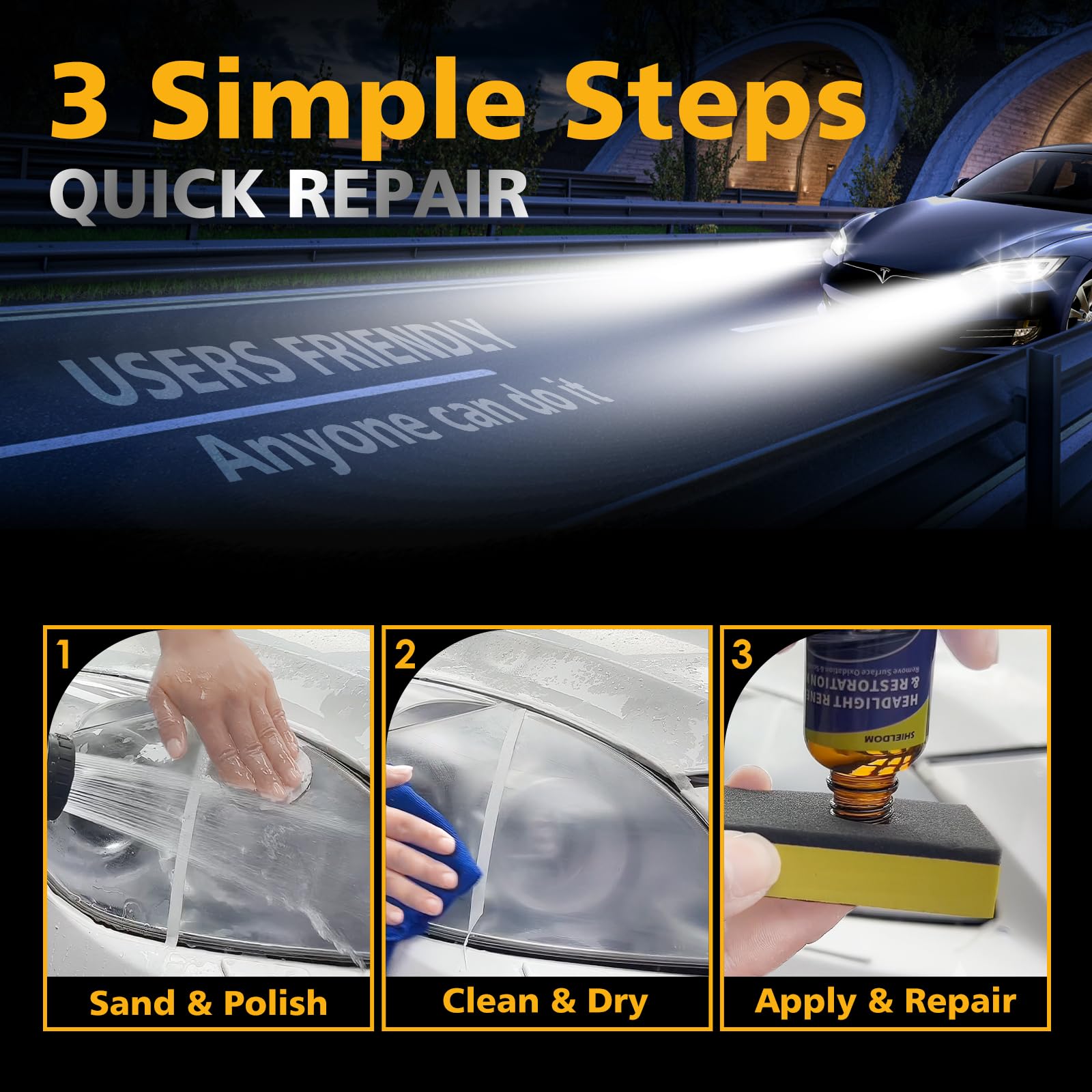 SHIELDOM Headlight Restoration Kit - Professional Cleaner & Polisher, 30ml, Includes 3 Sandpapers, Foam, Towel for DIY Repair