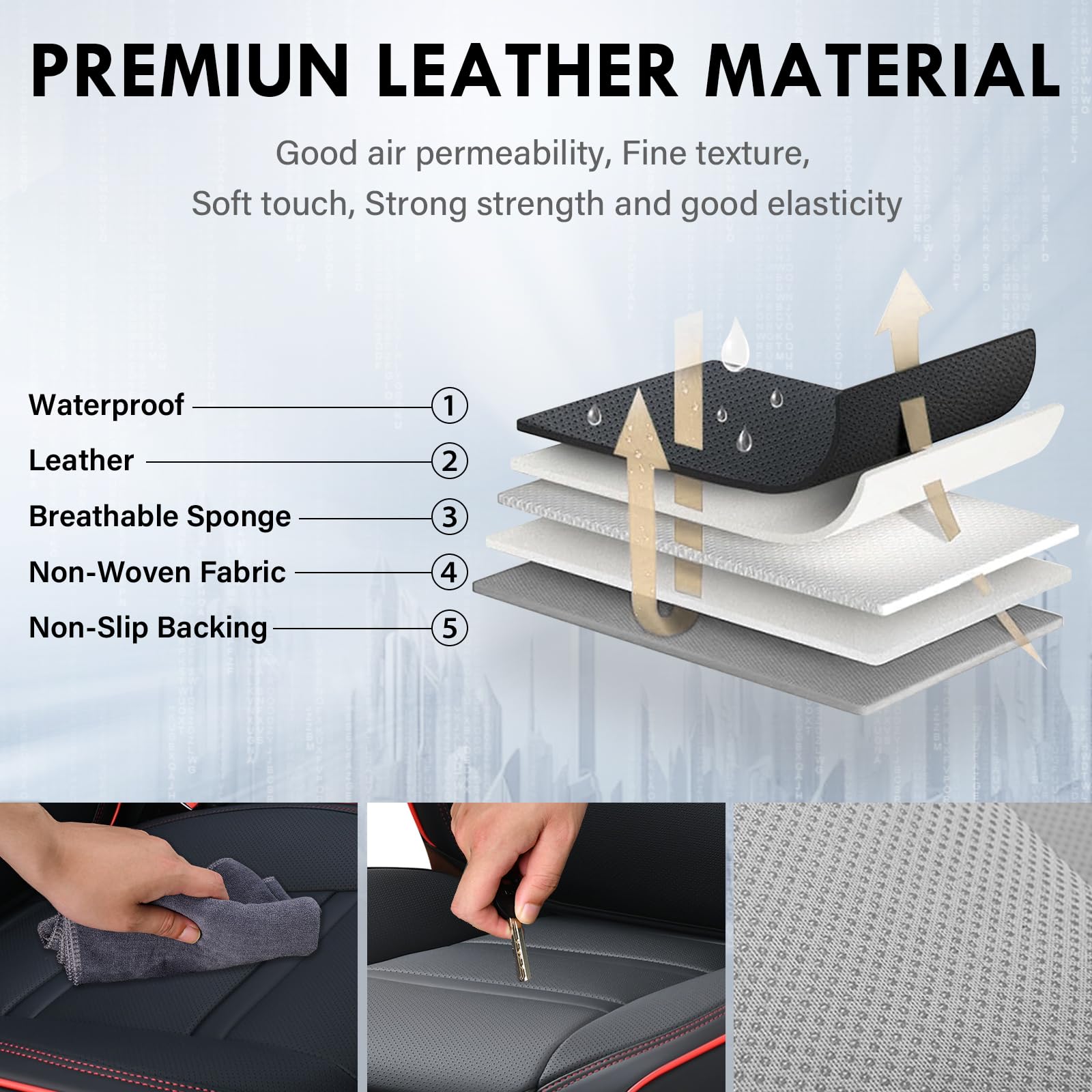 Coverado Car Seat Covers Full Set, 5 Piece Car Seat Protector With Removable Headrest, Nappa Leather Breathable Front Rear Seat