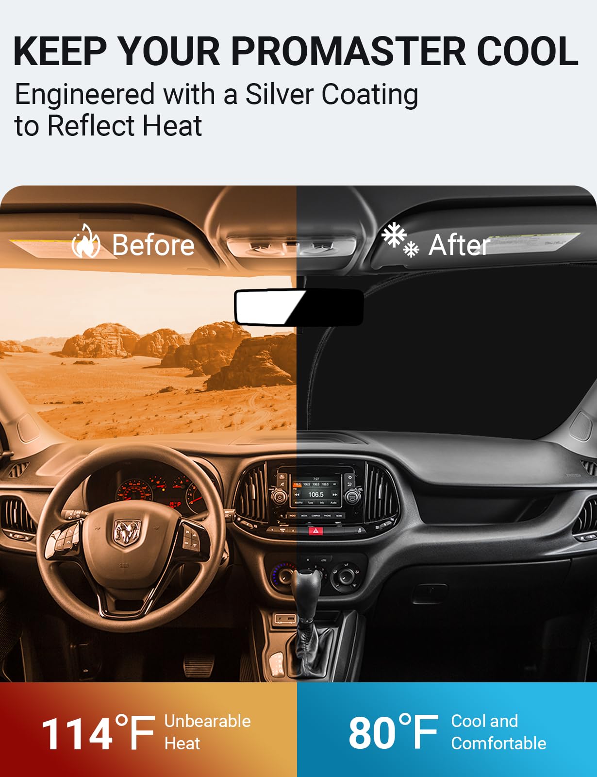Proadsy Windshield Sun Shade - Custom Fit for Dodge Ram Promaster 2014-2025, 4-Layer UV Protection, Black & Silver, Model BI-20M0-3
