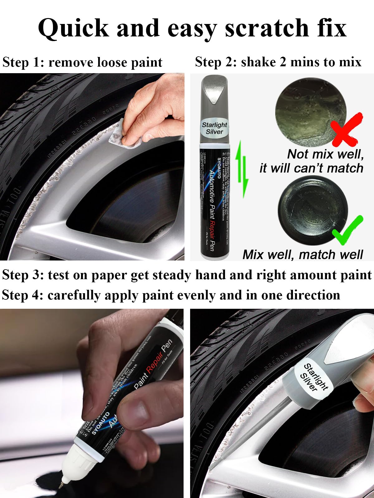 Syoauto Starlight Silver Rim Touch Up Paint For Tesla Model Y 19'' Gemini/Model 3 19'' Sport Wheel Touch Up Paint Pen Tip And Br