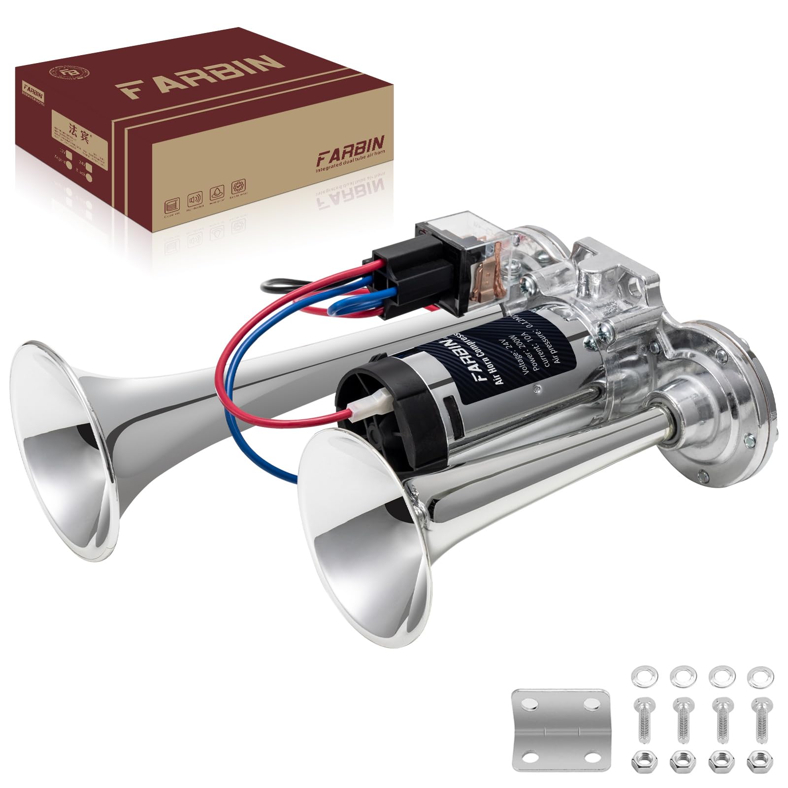 Farbin Air Horn 24V Train Horn Truck Horn With Compressor 24V Airhorns Horns Loud Dual Trumpet Chrome Plating For Any 24V Vehicl