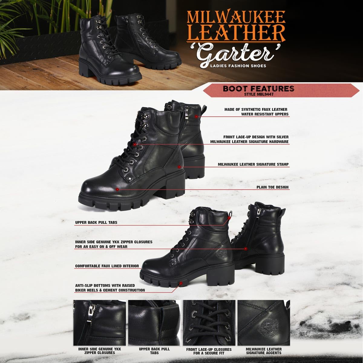 Milwaukee Leather Women's Garter Premium Black Lace-Up Fashion Motorcycle Boots MBL9447-10
